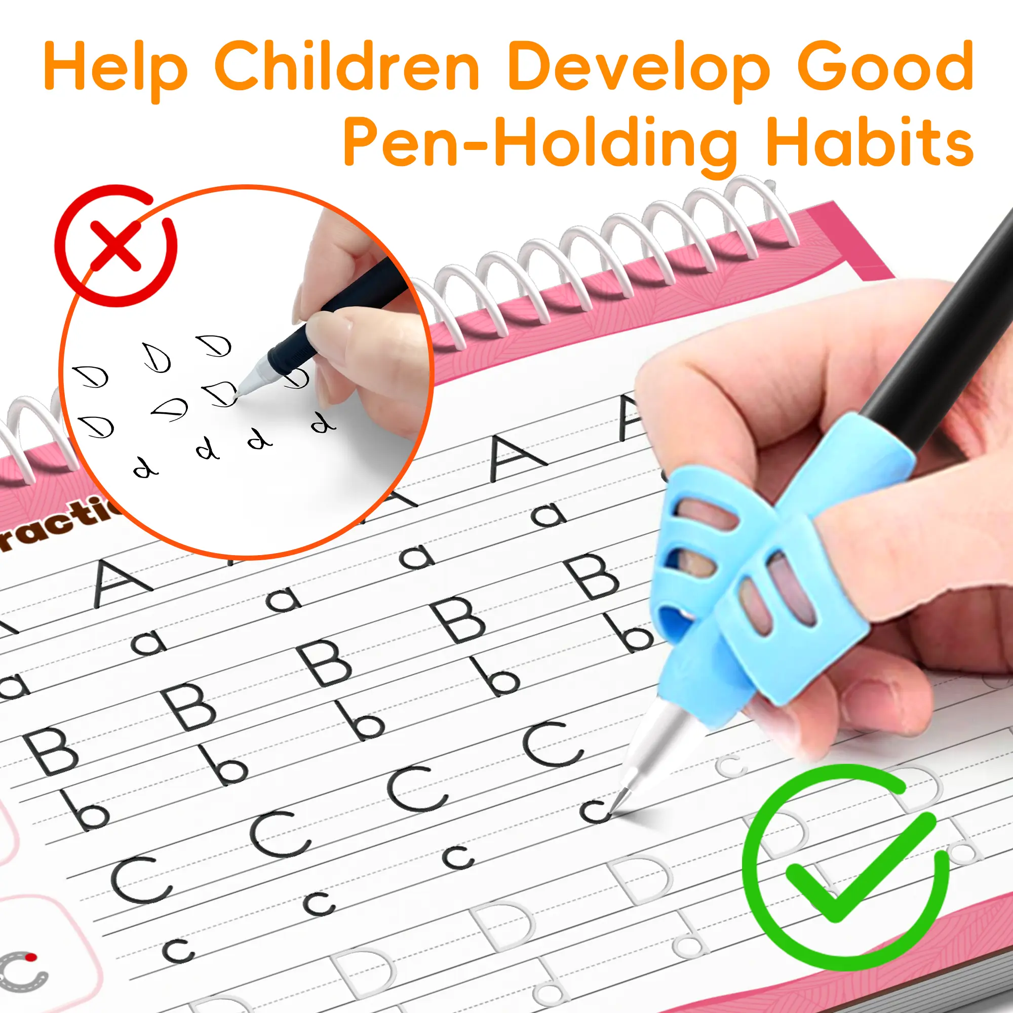 Shaped grip helper on grooved handwriting practice pen