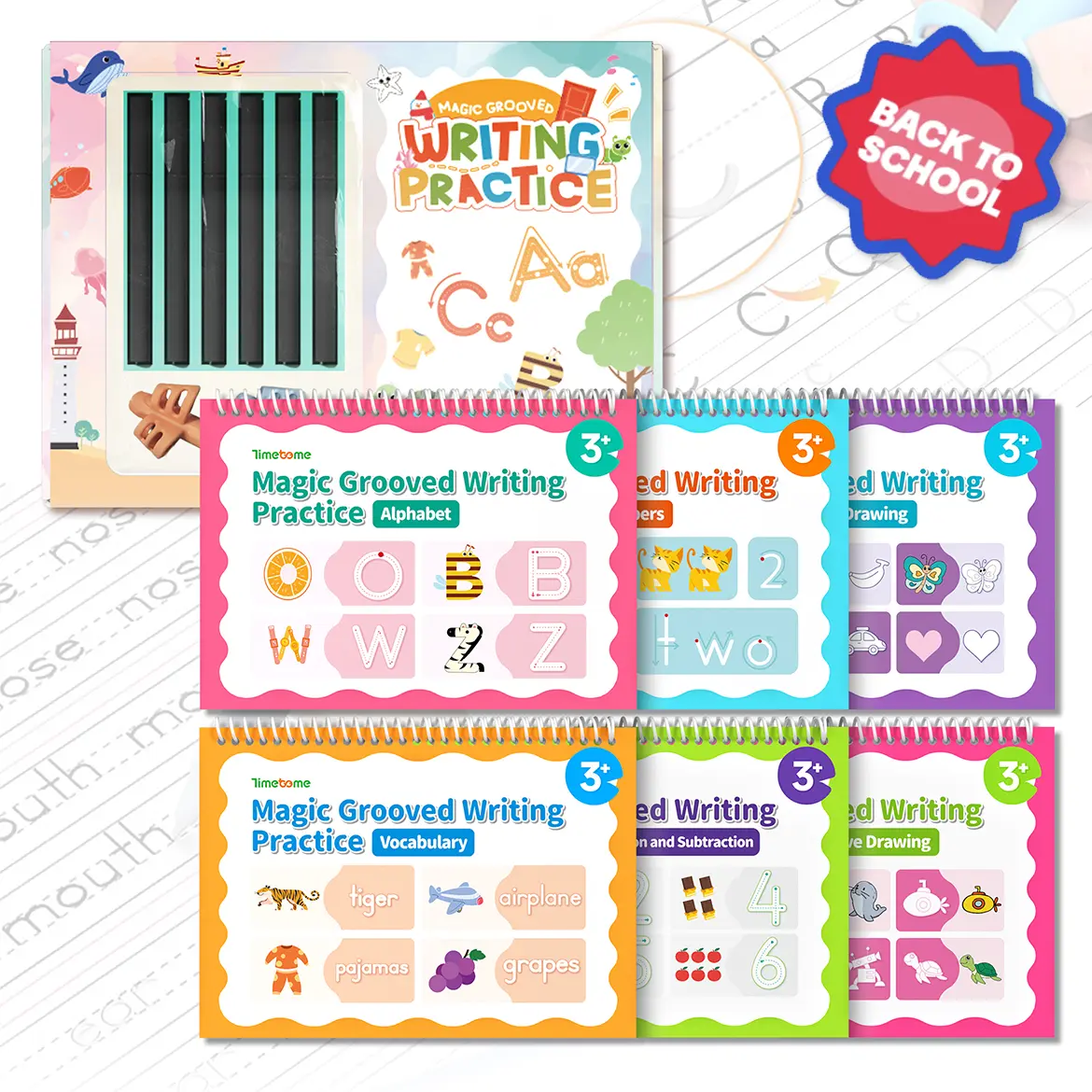 Six reusable grooved handwriting workbooks with practice pens