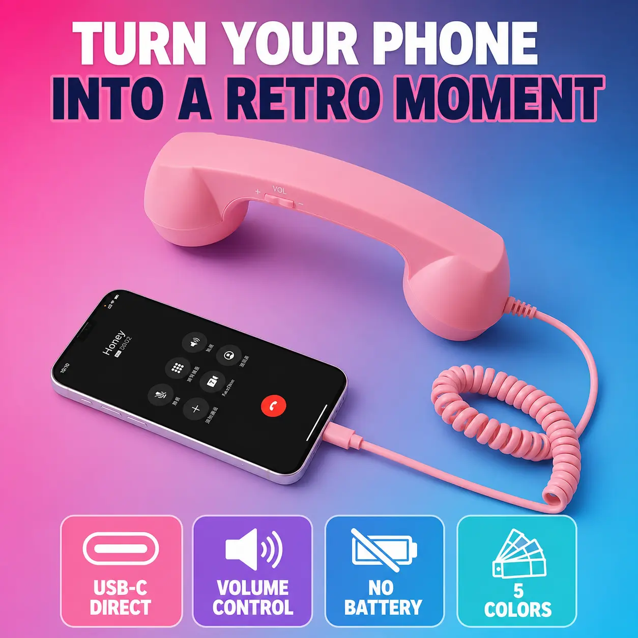Pink retro phone handset with smartphone