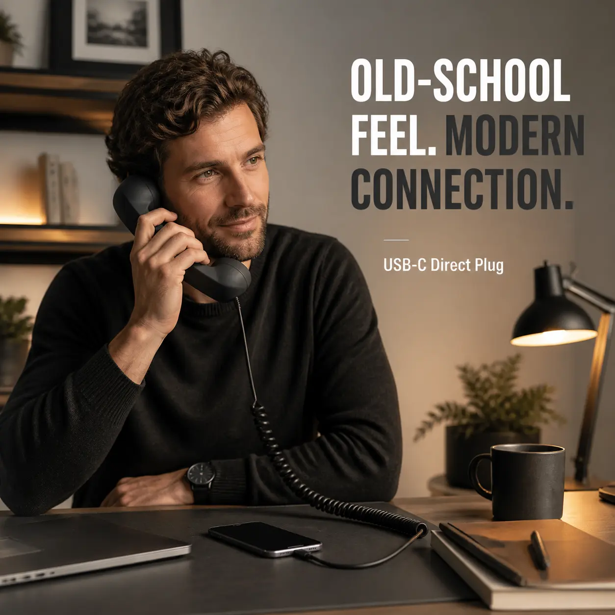 Person using retro phone handset with smartphone