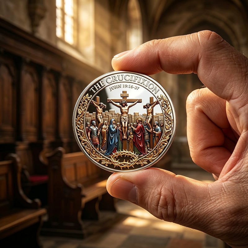 Close-up view of Crucifixion commemorative coin