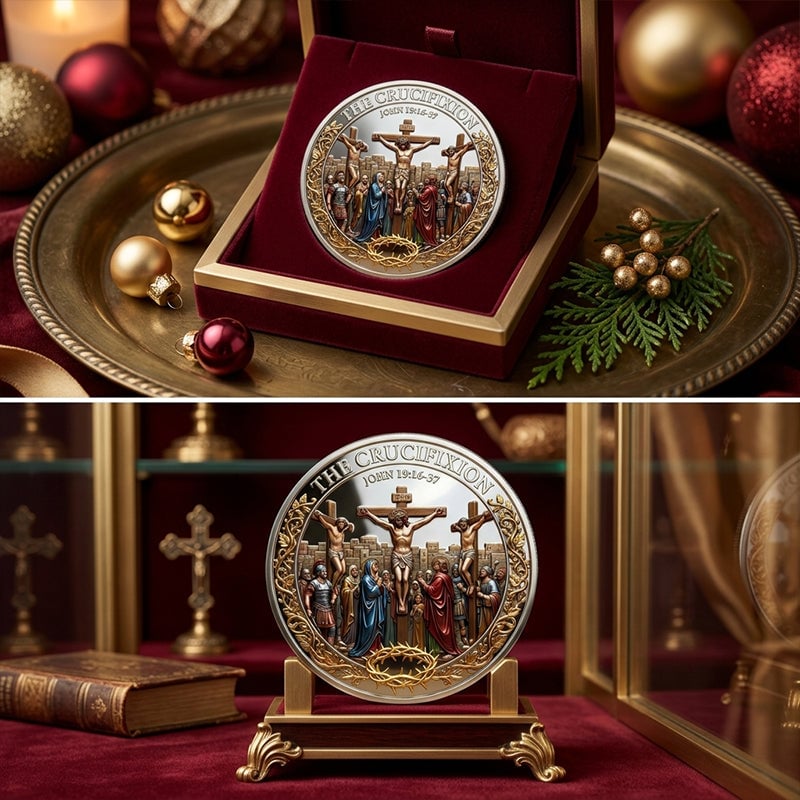 Christian commemorative coin displayed in presentation setting
