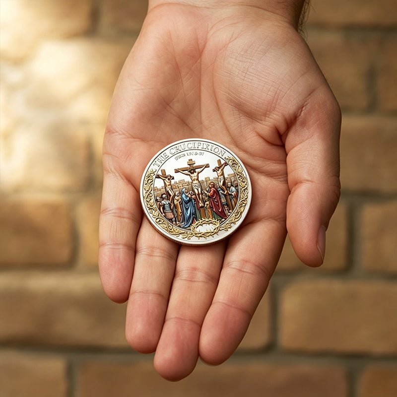 Faith commemorative coin held in the hand