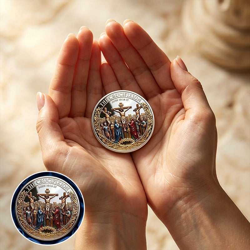 Christian faith commemorative coin held in both hands