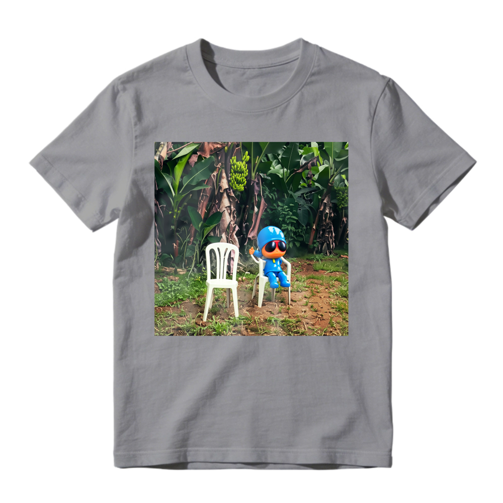 Blue Cartoon Character Sitting On White Chair In Tropical Jungle Unisex Classic T Shirt