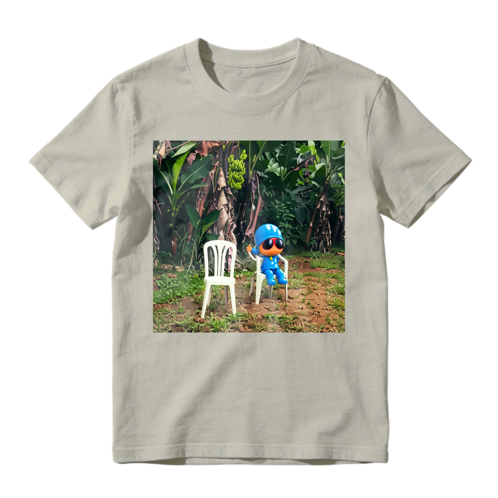 Blue Cartoon Character Sitting On White Chair In Tropical Jungle Unisex Classic T Shirt