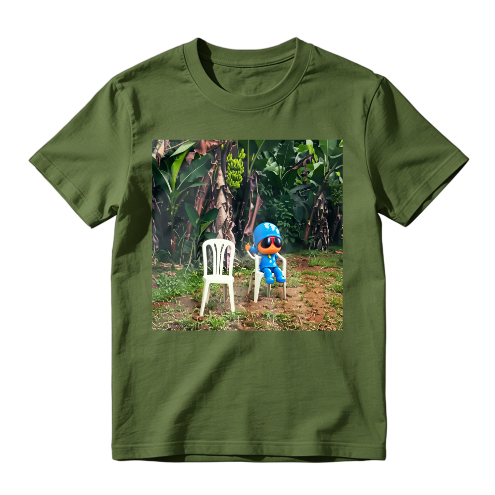 Blue Cartoon Character Sitting On White Chair In Tropical Jungle Unisex Classic T Shirt