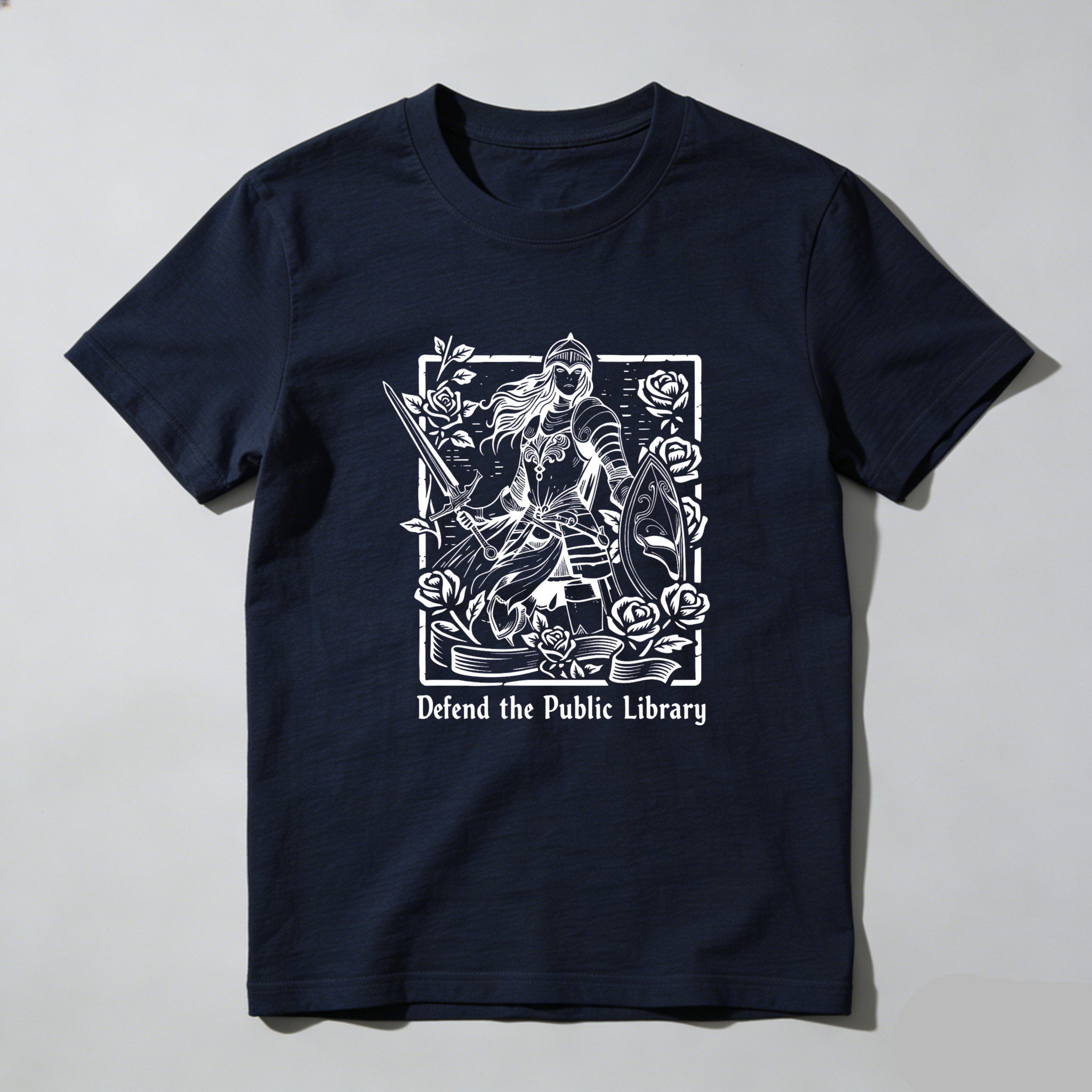 Wardrobecart Defend The Public Library Warrior With Sword And Roses tshirt