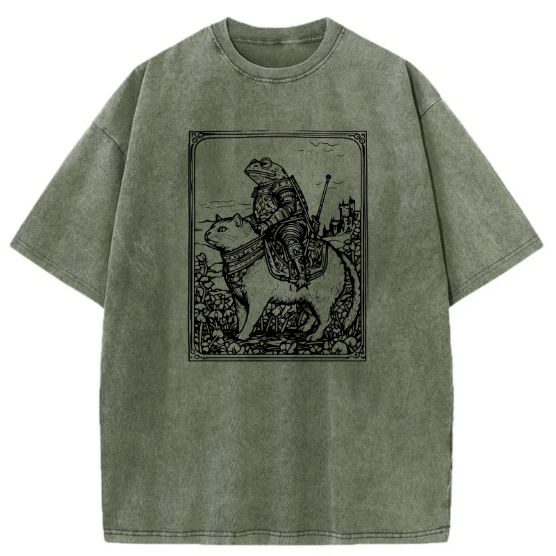 Knight Riding Cat With Castle Background tshirt 100% cotton
