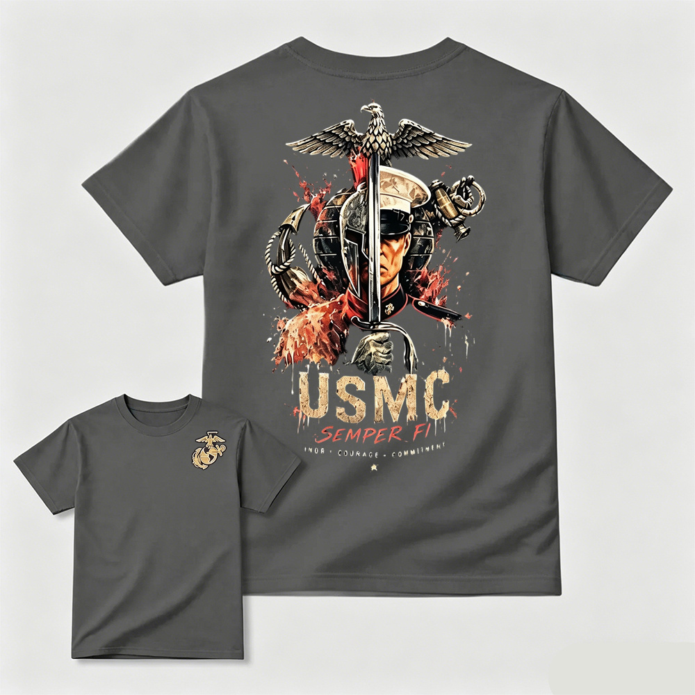 USMC Semper Fi Eagle Sword Dual-Sided Patriotic Graphic Men's T-Shirt
