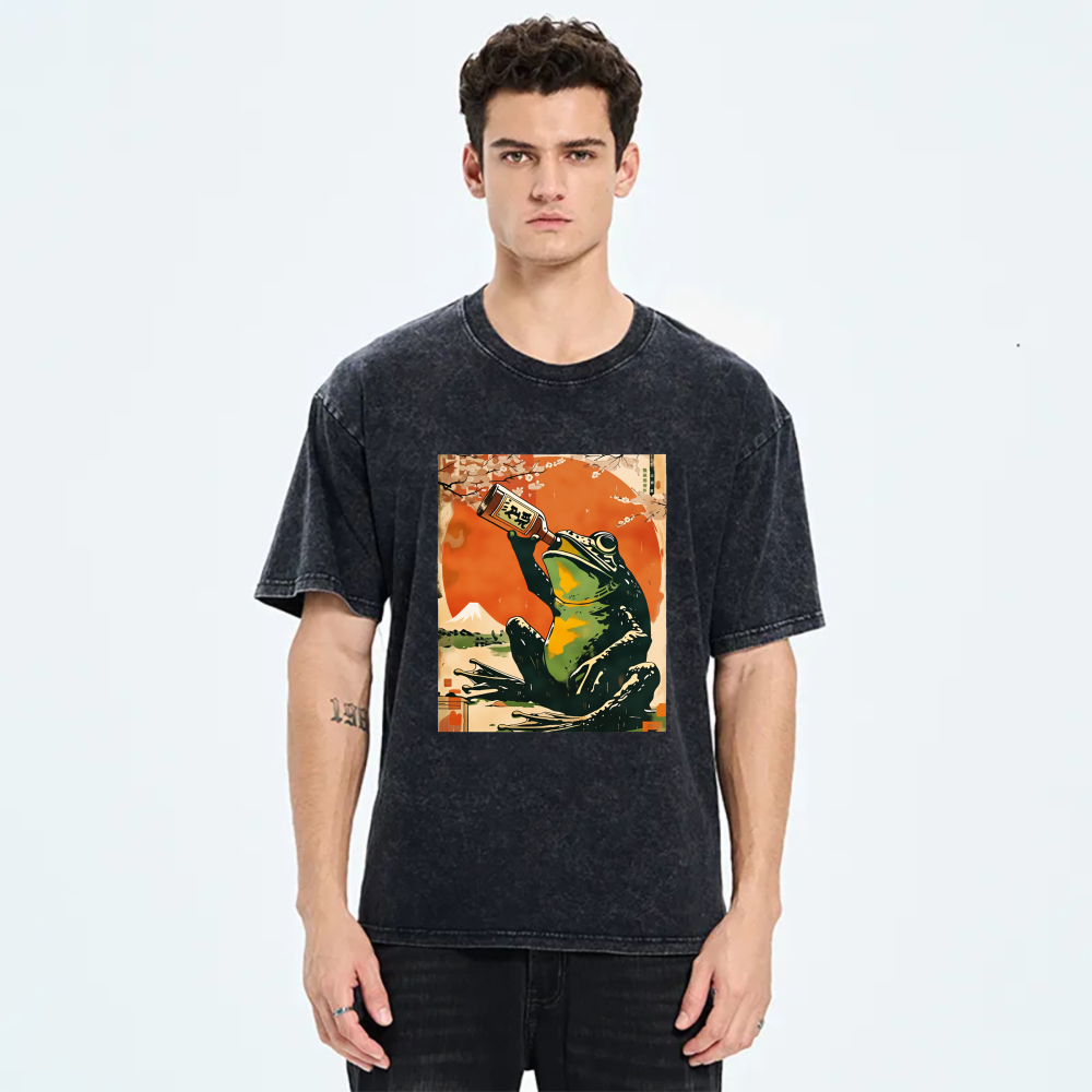 Frog Drinking Sake Under Cherry Blossoms tshirt 100% cotton