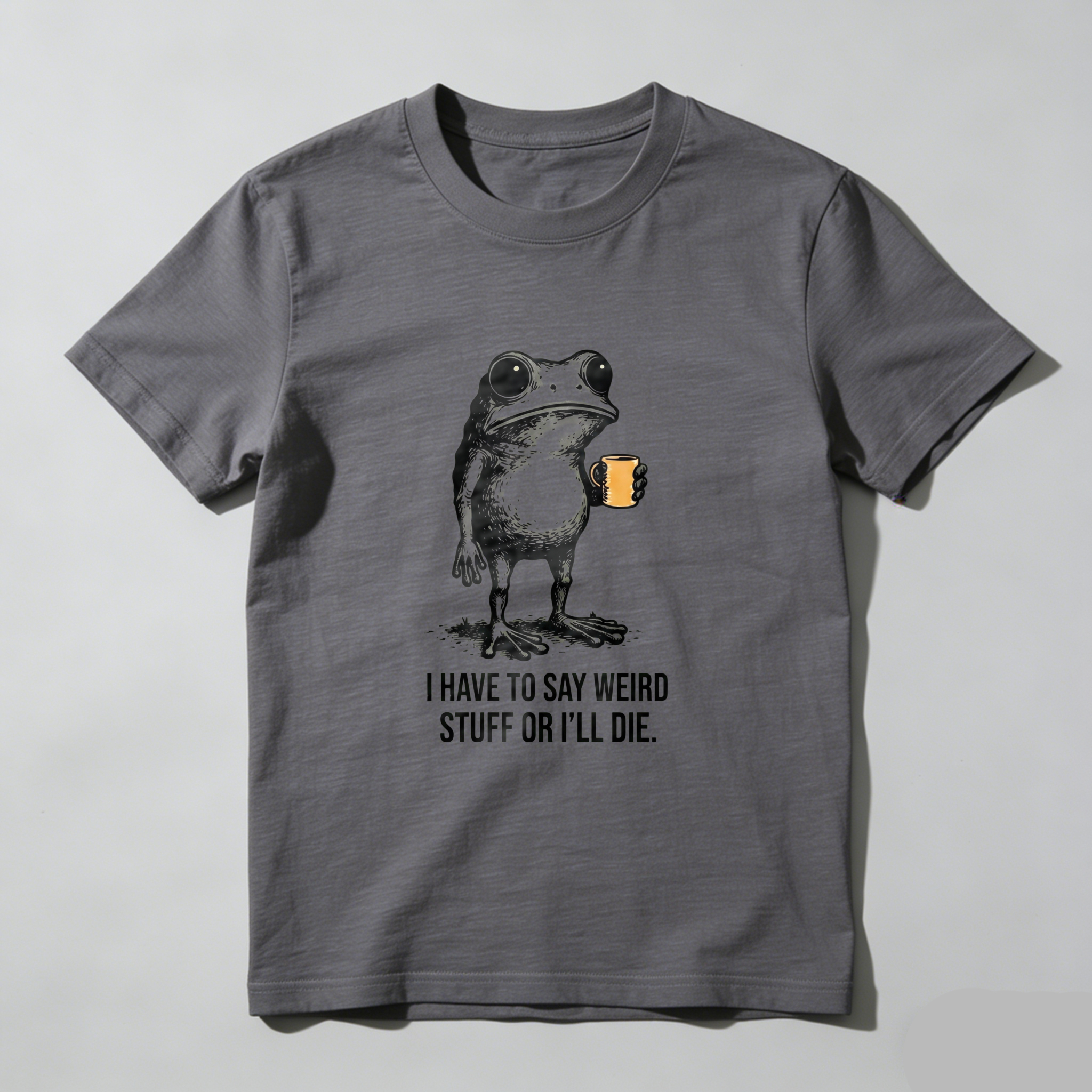 TEECURENT  Frog Holding Mug With Text Pure Cotton Short Sleeve T Shirt- HOT