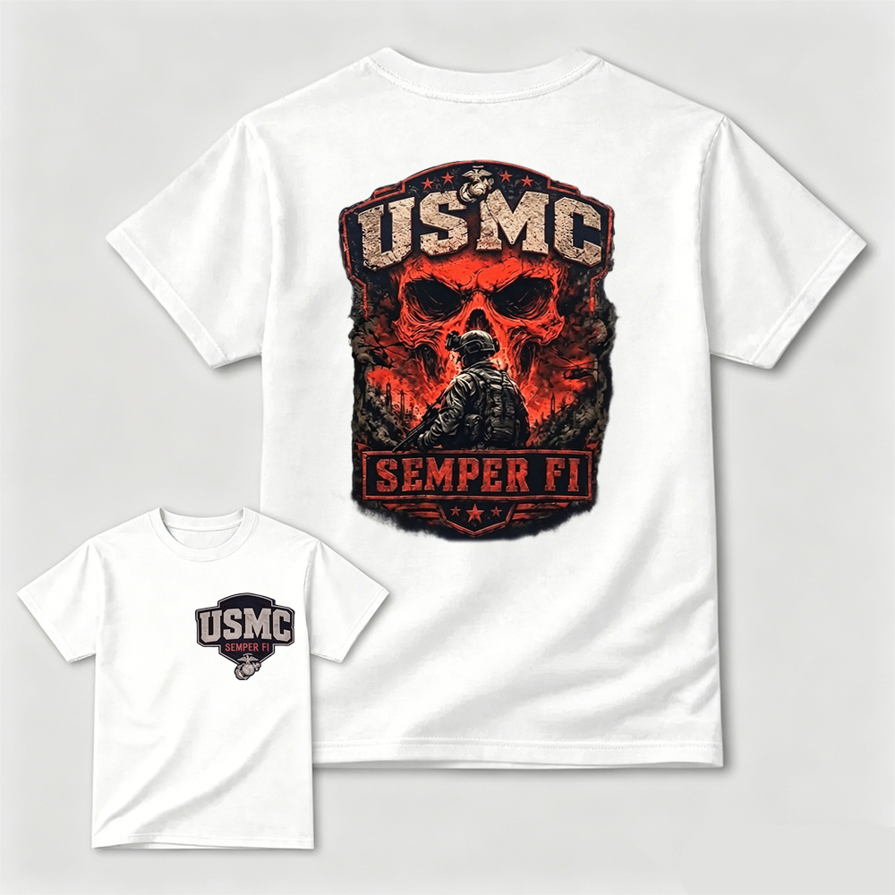 USMC Semper Fi Skull Soldier Dual-Sided Print T-Shirt | Patriotic Marine Veteran Tee