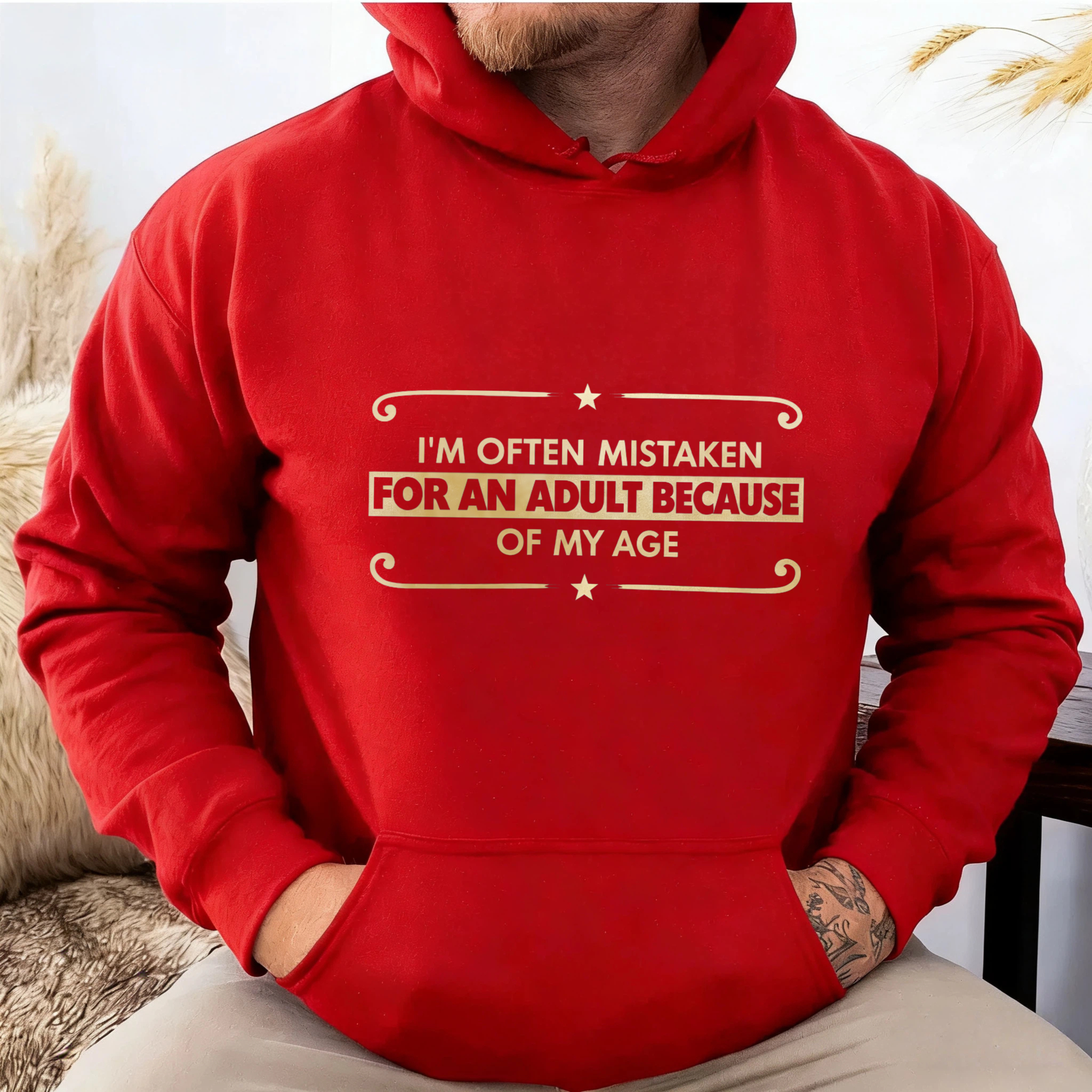 TEECURENT Gildan I Am Often Mistaken For An Adult Because Of My Age Hoodie Black Gold Text Funny Slogan Sweatshirt Unisex Casual Wear