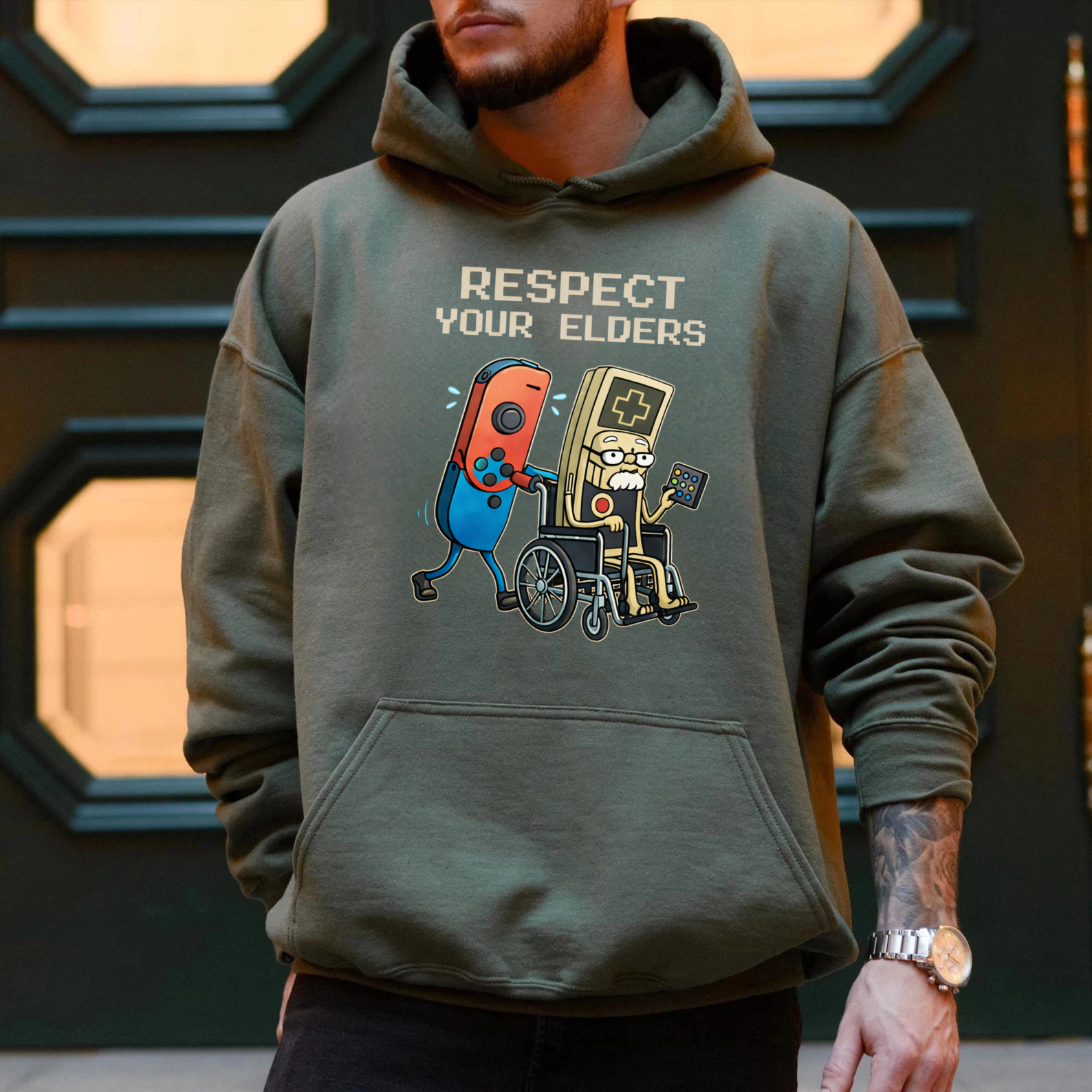 TEECURENT Gildan Respect Your Elders Gaming Controller Hoodie With Retro Game Console And Wheelchair Design For Gamers And Nostalgia Lovers