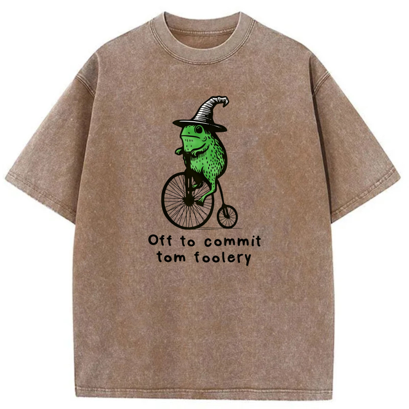 Frog On Bicycle Wearing Hat   Off To Commit Tom Foolery tshirt 100% cotton
