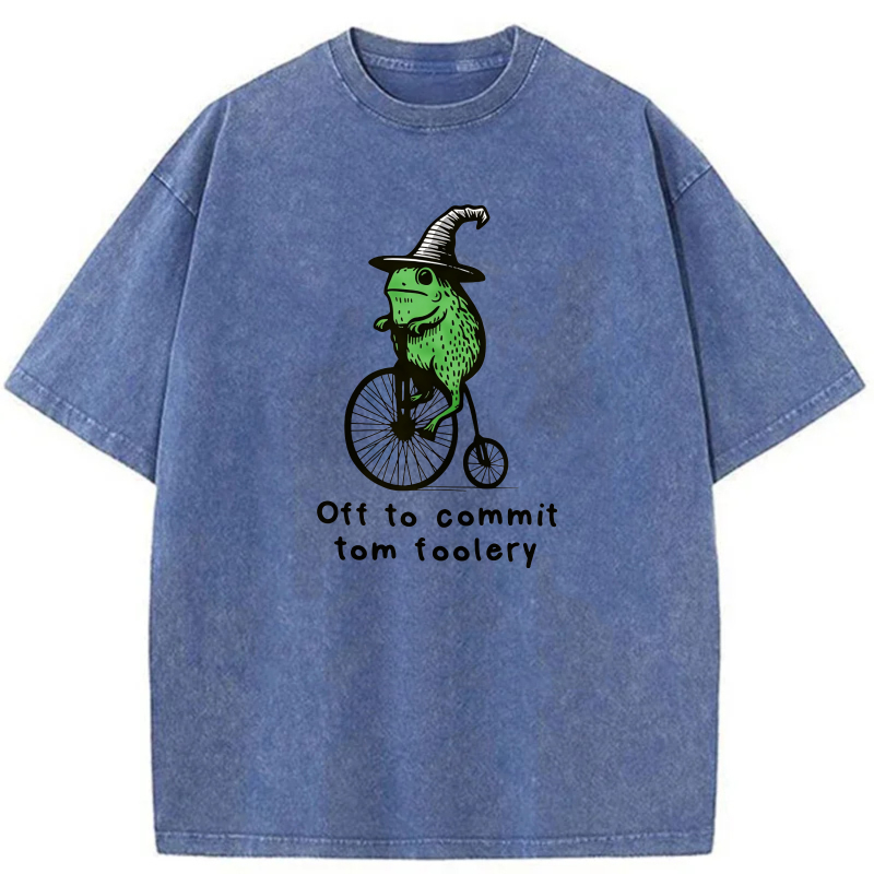 Frog On Bicycle Wearing Hat   Off To Commit Tom Foolery tshirt 100% cotton