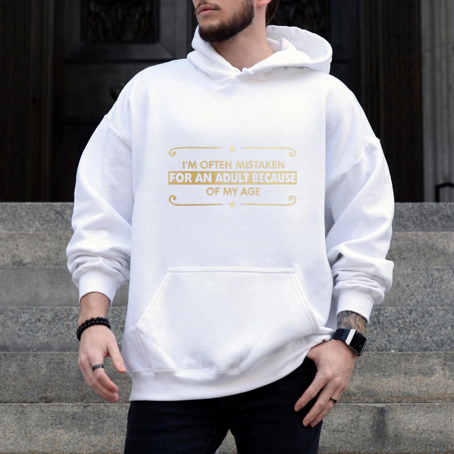 TEECURENT Gildan I Am Often Mistaken For An Adult Because Of My Age Hoodie Black Gold Text Funny Slogan Sweatshirt Unisex Casual Wear