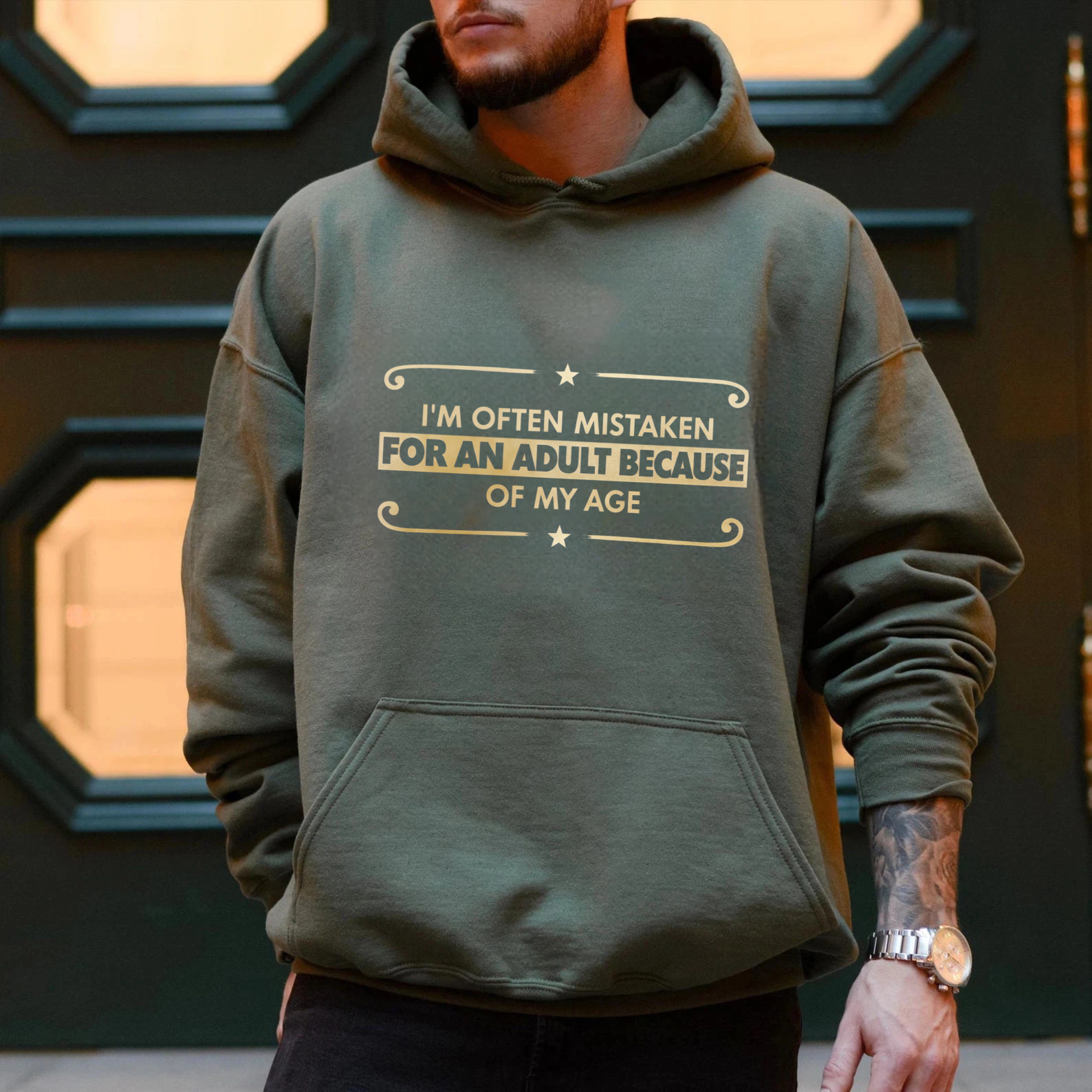 TEECURENT Gildan I Am Often Mistaken For An Adult Because Of My Age Hoodie Black Gold Text Funny Slogan Sweatshirt Unisex Casual Wear