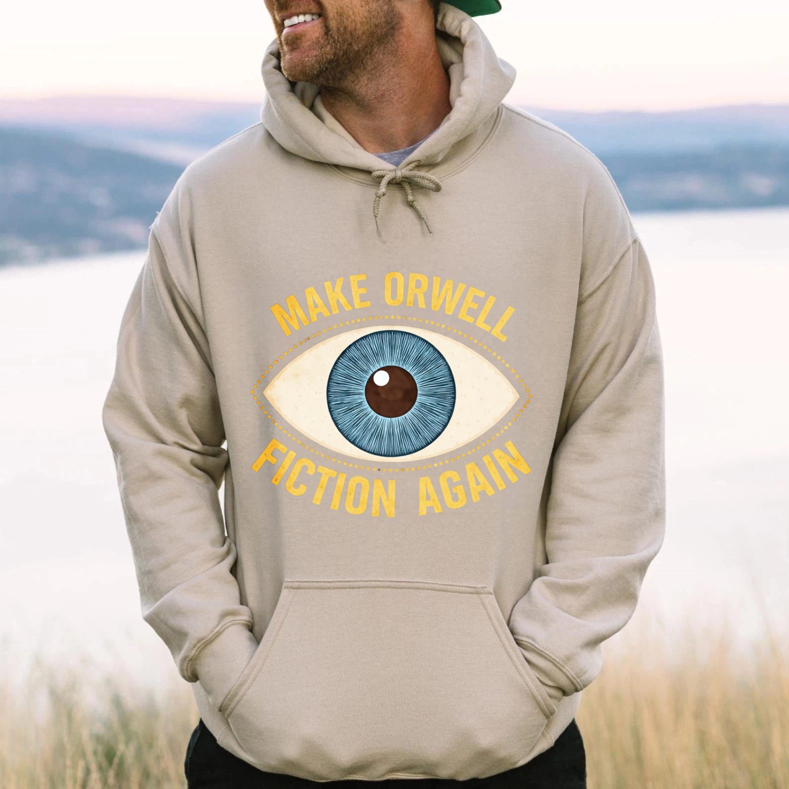 TEECURENT Gildan Make Orwell Fiction Again Hoodie With Eye Graphic Black Sweatshirt For Men Women Unisex Casual Wear Book Lovers Gift