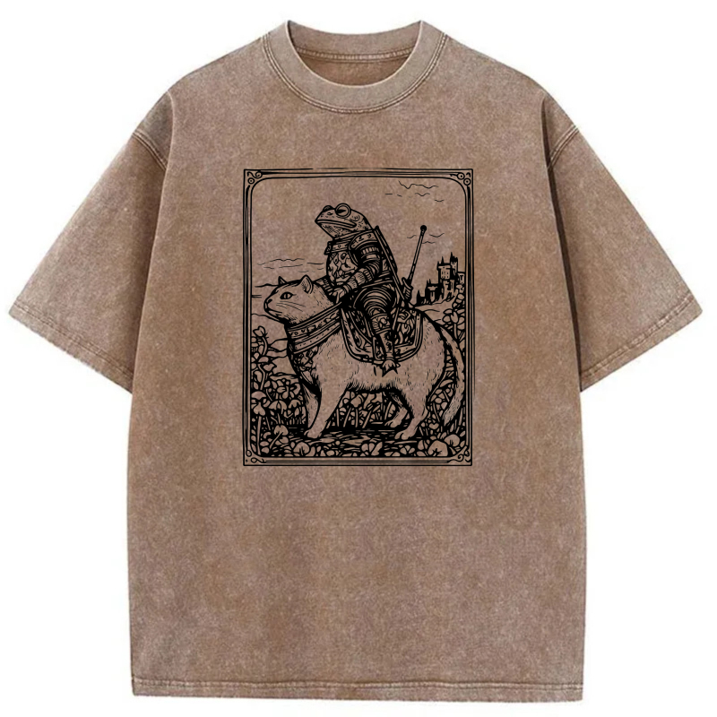 Knight Riding Cat With Castle Background tshirt 100% cotton