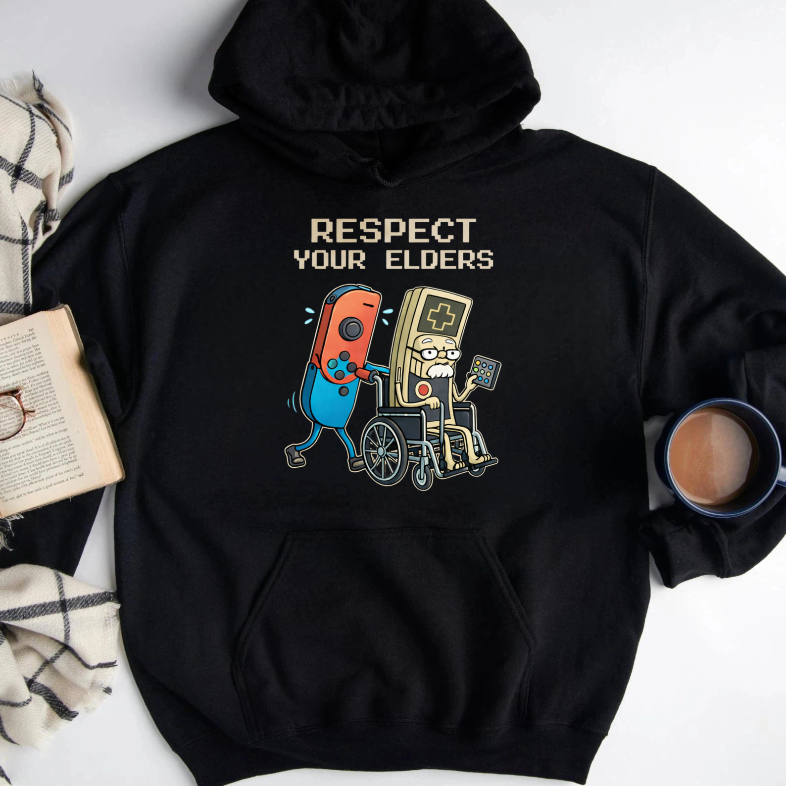 TEECURENT Gildan Respect Your Elders Gaming Controller Hoodie With Retro Game Console And Wheelchair Design For Gamers And Nostalgia Lovers