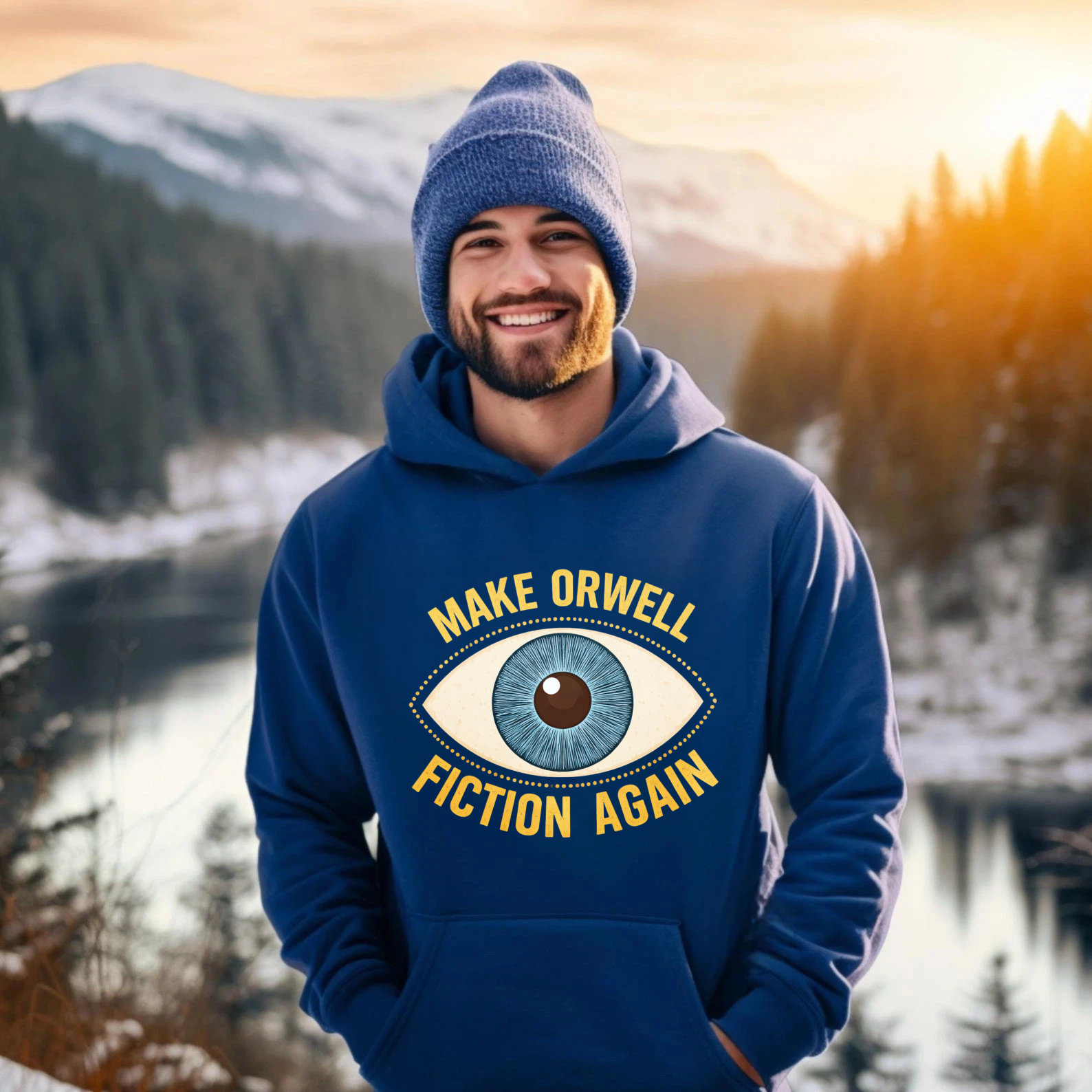 TEECURENT Gildan Make Orwell Fiction Again Hoodie With Eye Graphic Black Sweatshirt For Men Women Unisex Casual Wear Book Lovers Gift