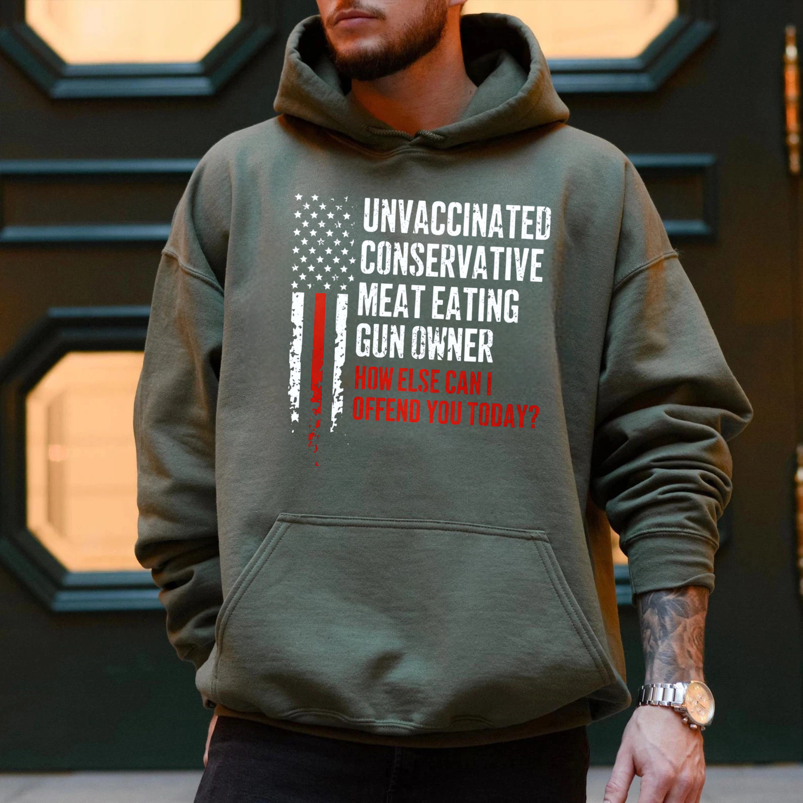 TEECURENT Gildan Unvaccinated Conservative Meat Eating Gun Owner How Else Can I Offend You Today Hoodie