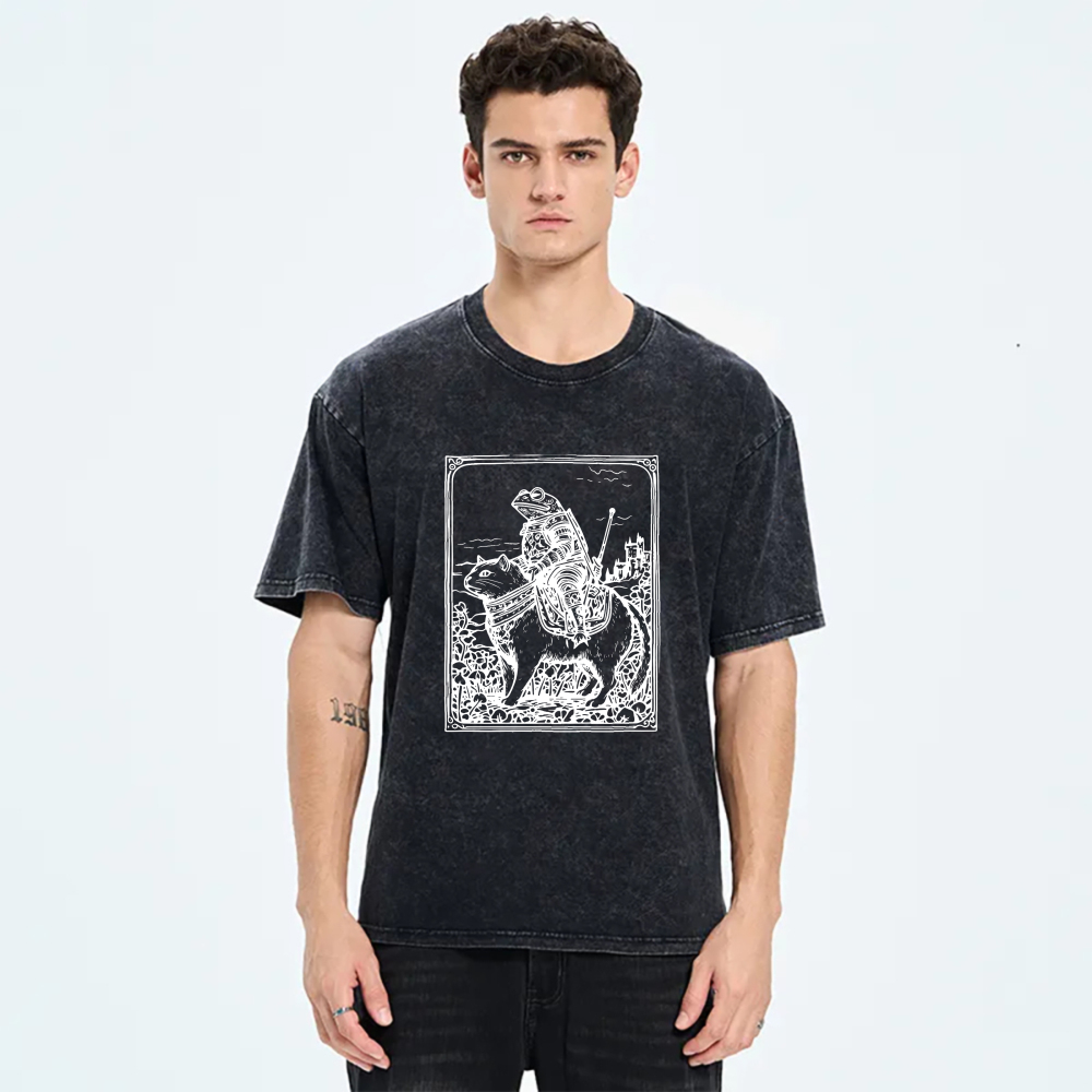 Knight Riding Cat With Castle Background tshirt 100% cotton