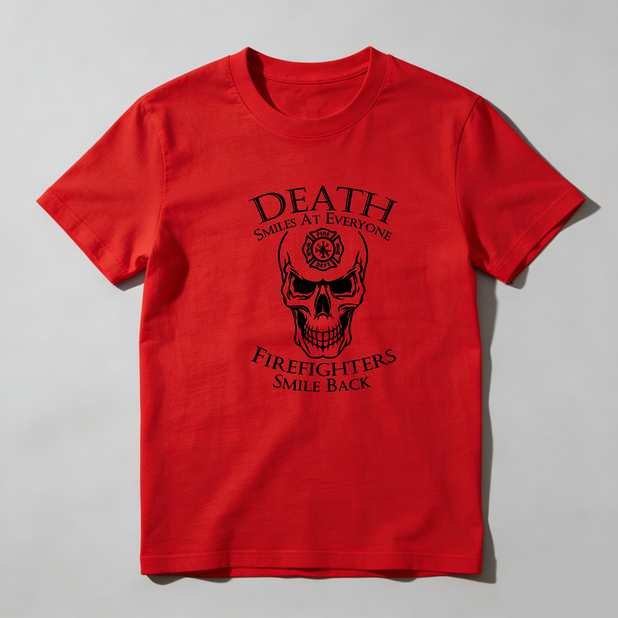 TEECURENT Death Smiles At Everyone Firefighters Smile Back Pure Cotton Short Sleeve T Shirt-TeeCurent