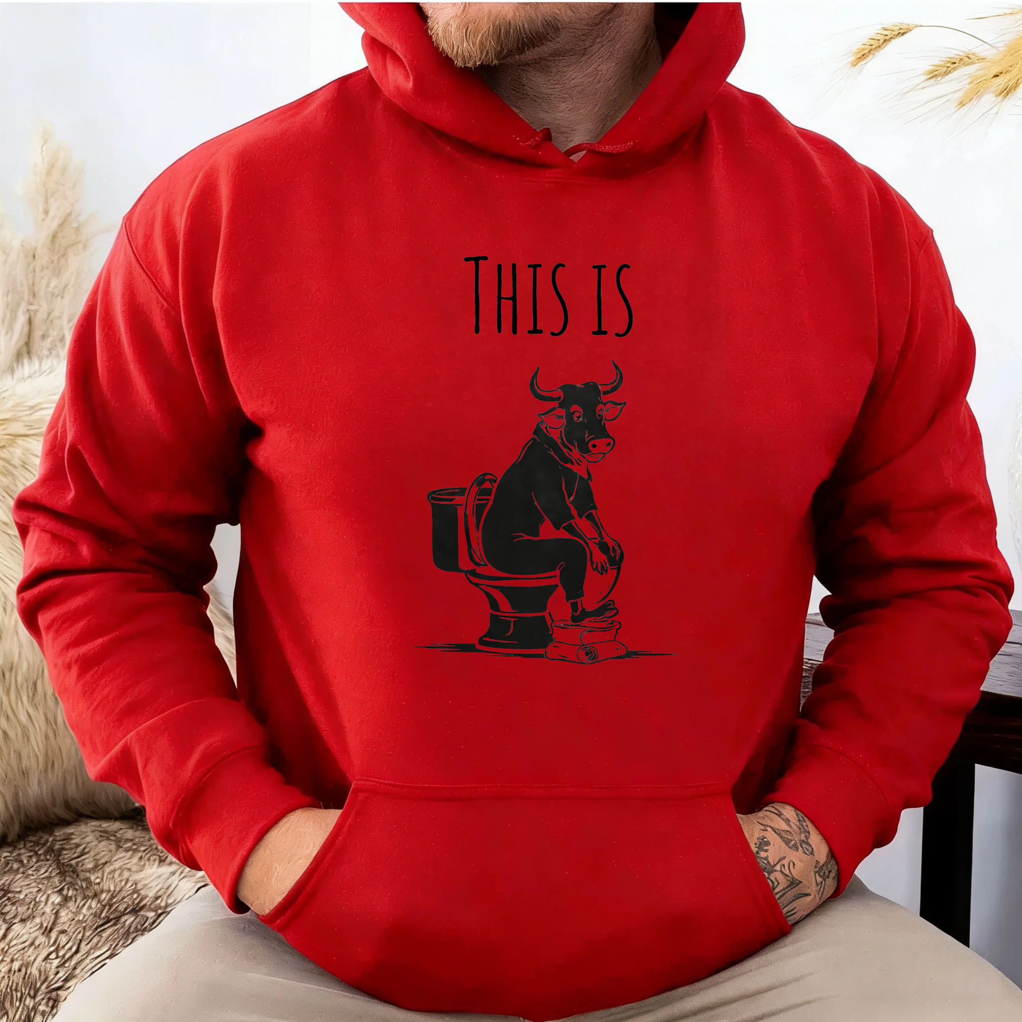 TEECURENT Gildan This Is Bull Cow On Toilet Humor Sweatshirt Hoodie Funny Animal Graphic Pullover Unisex Casual Wear