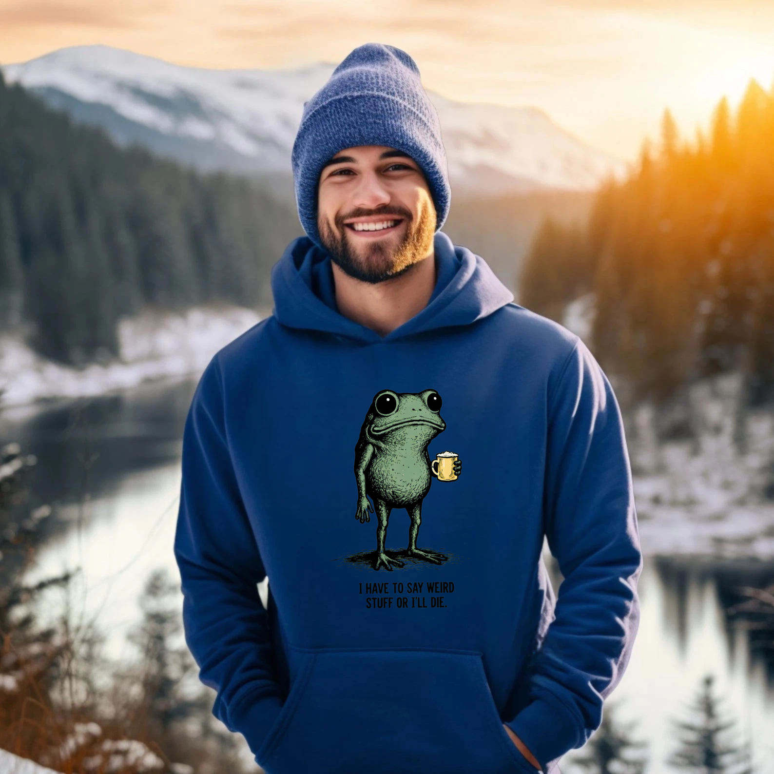 TEECURENT Gildan Frog Holding Beer Hoodie I Have To Say Weird Stuff Or Ill Die Funny Animal Sweatshirt Unisex Casual Wear