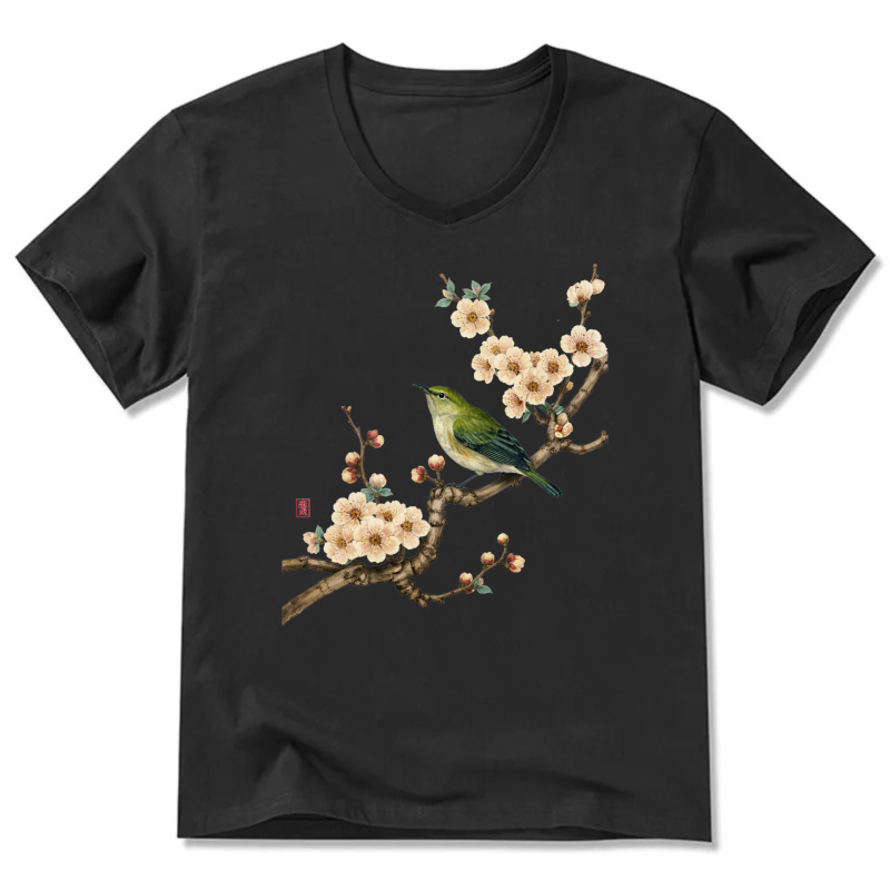 Bird And Plum Blossom Art Print T Shirt For Men Women Black Casual Top