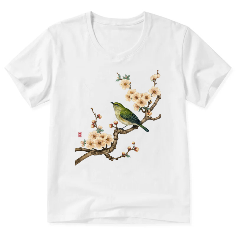 Bird And Plum Blossom Art Print T Shirt For Men Women Black Casual Top