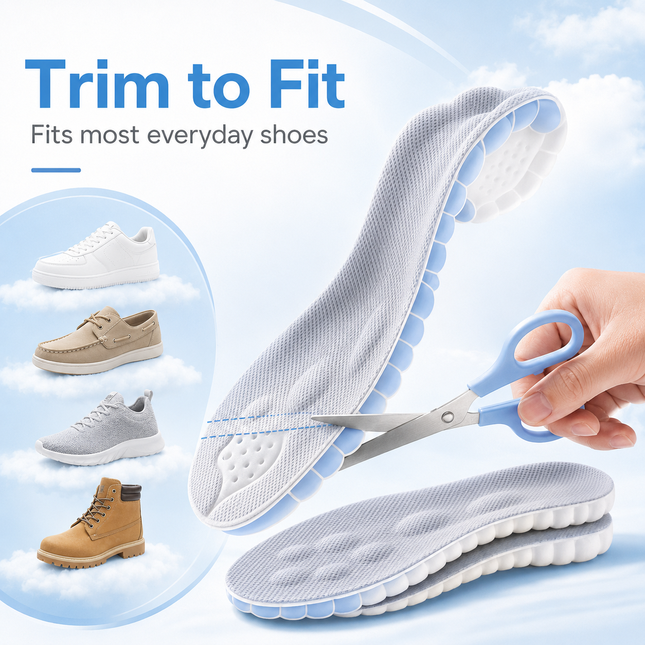 Unisex cloud-shaped insoles, anti-fatigue, shock absorption, and relief of foot pain.