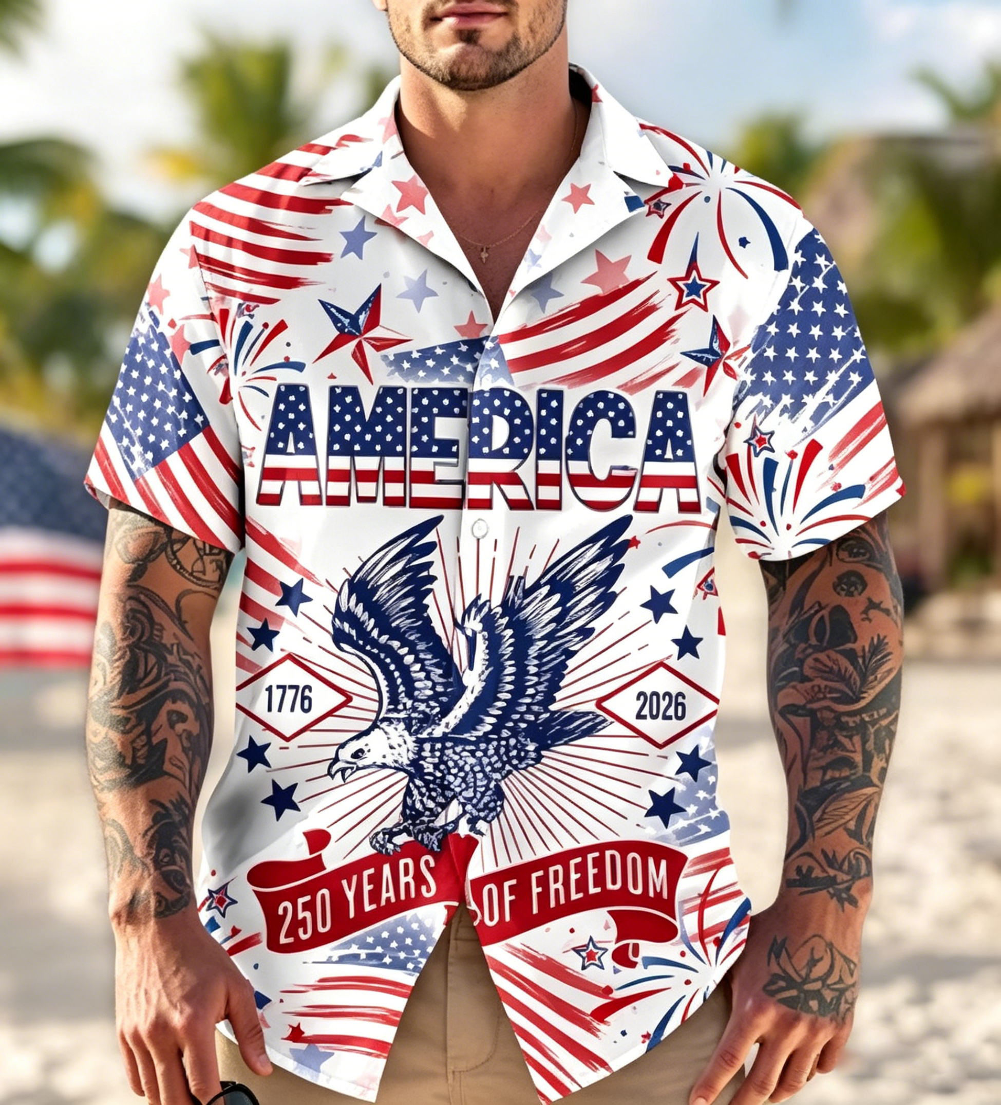 🇺🇸 250th Anniversary Patriotic Hawaiian Shirt 1776–2026 | Vintage American Heritage AOP Summer Shirt