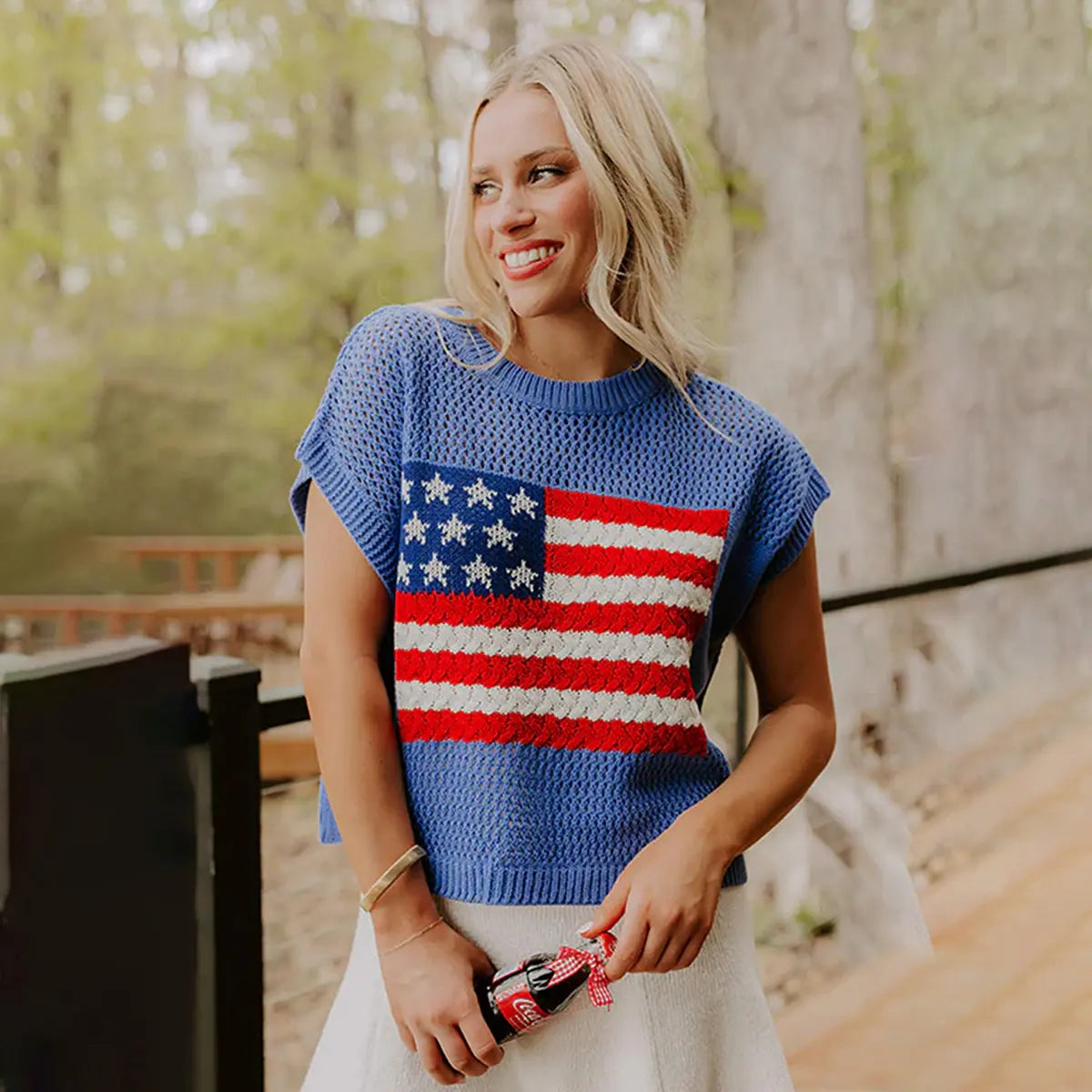 Women's American Flag Graphic Relaxed Fit Short Sleeve Knit Sweater Top