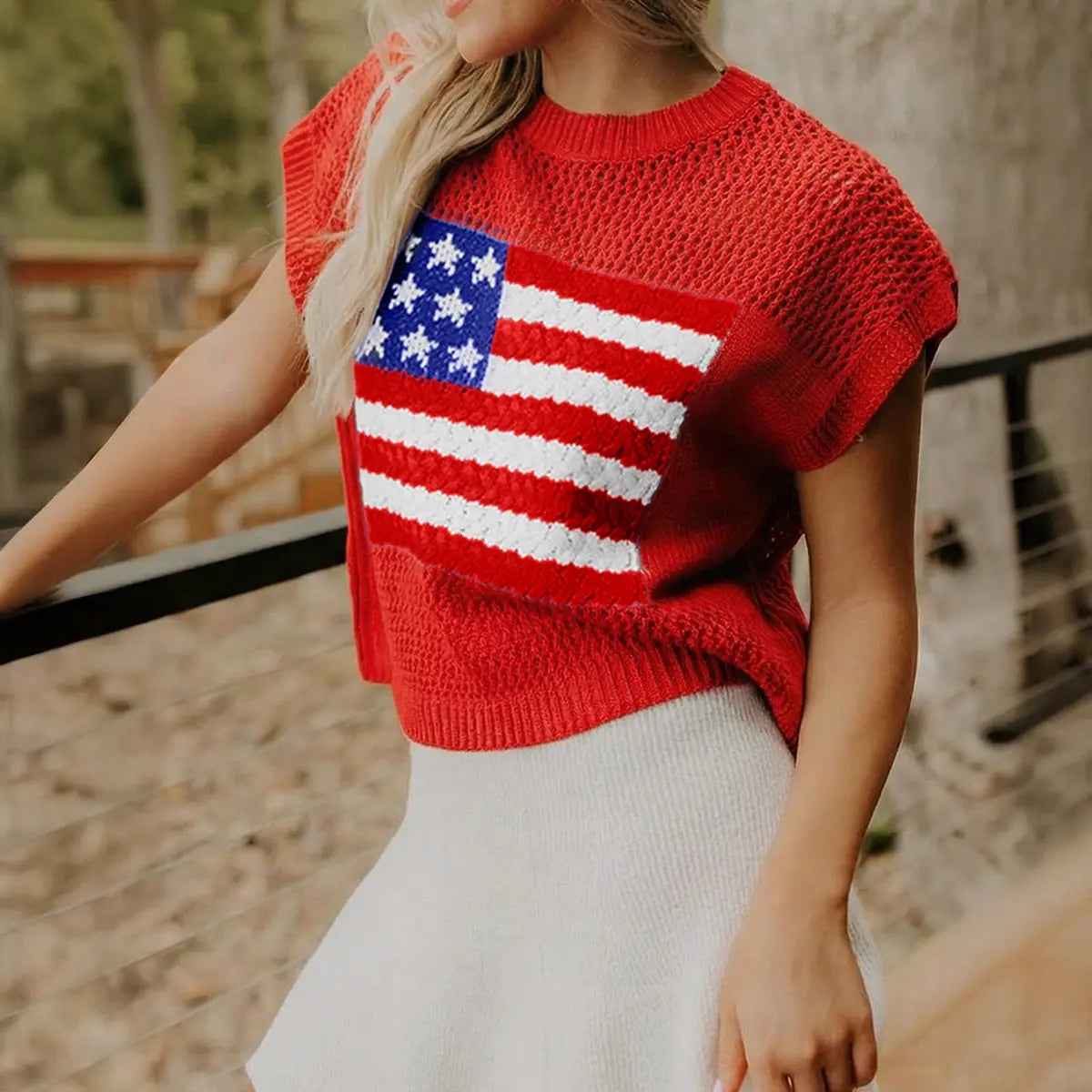 Women's American Flag Graphic Relaxed Fit Short Sleeve Knit Sweater Top
