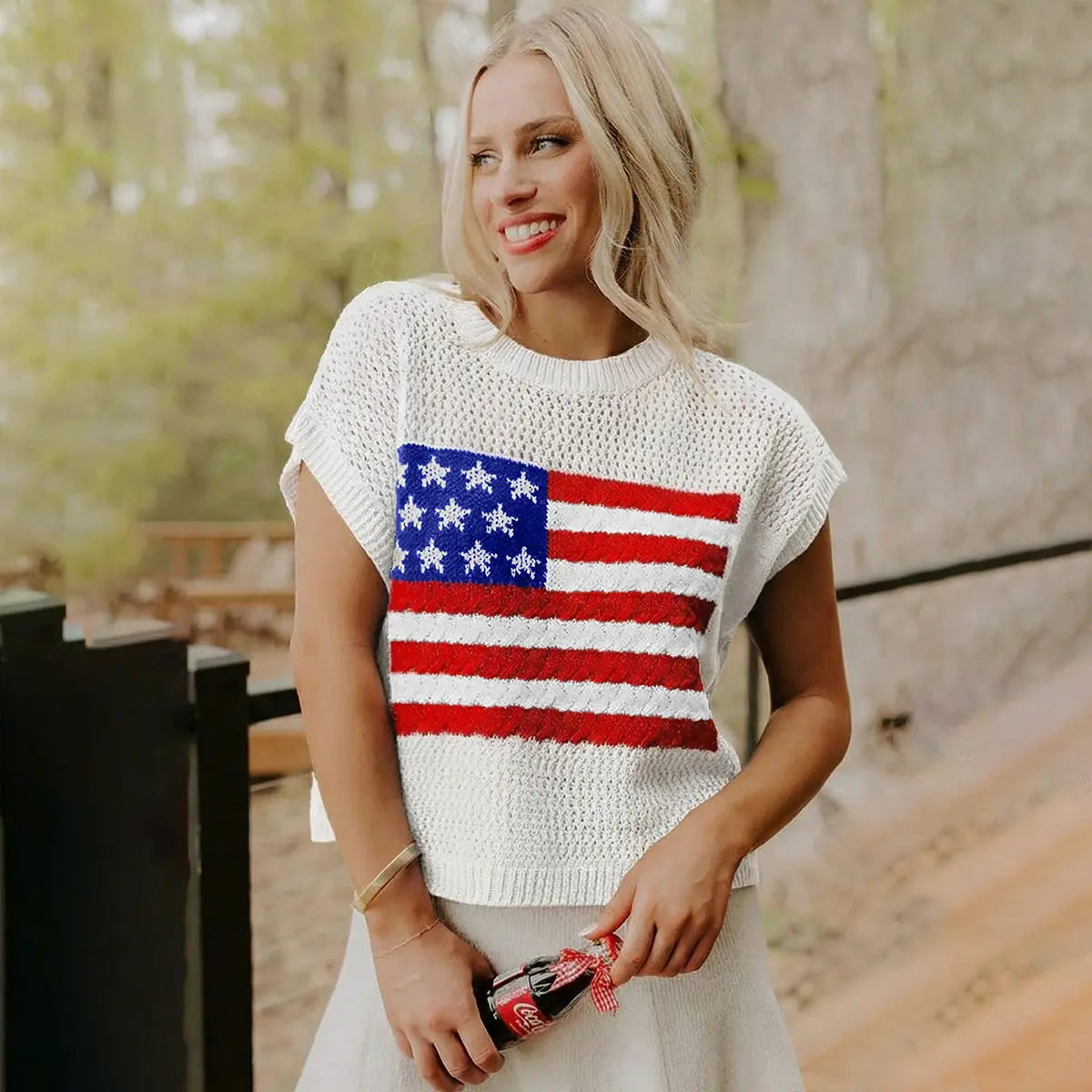 Women's American Flag Graphic Relaxed Fit Short Sleeve Knit Sweater Top