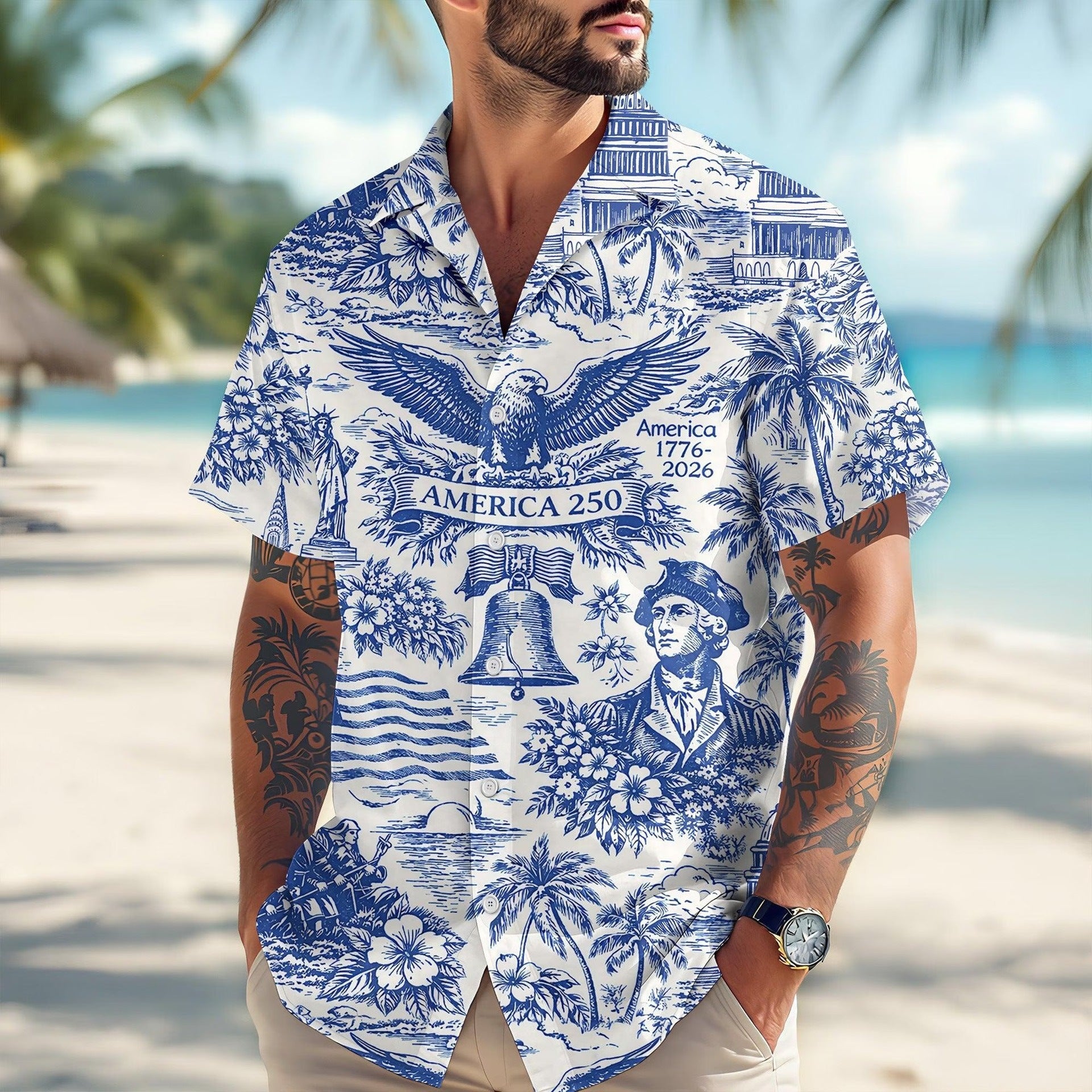 🇺🇸 250th Anniversary Patriotic Hawaiian Shirt 1776–2026 | Vintage American Heritage AOP Summer Shirt