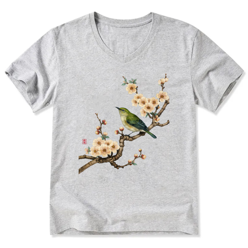 Bird And Plum Blossom Art Print T Shirt For Men Women Black Casual Top
