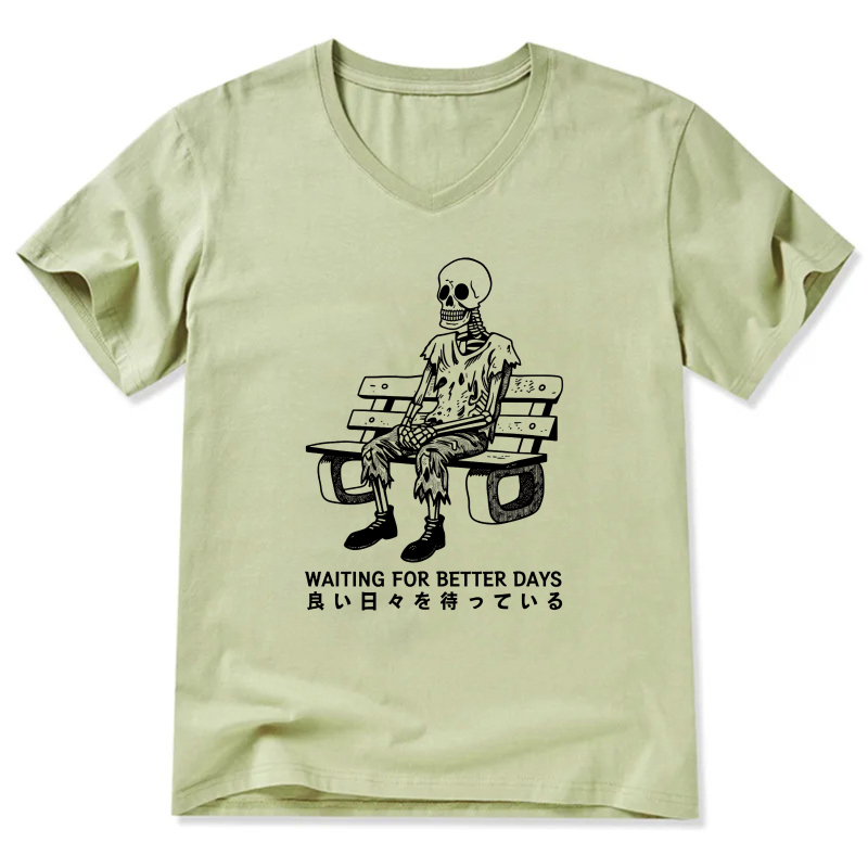 Waiting For Better Days Skeleton On Bench T Shirt Men Women Graphic Tee