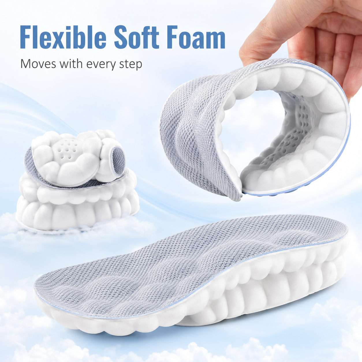 Unisex cloud-shaped insoles, anti-fatigue, shock absorption, and relief of foot pain.