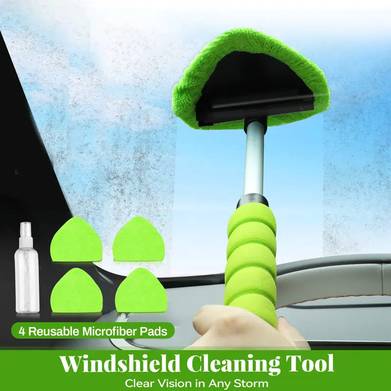 🚗🧼Windshield Cleaning Tool, Microfiber Car Window Cleaner with 4 Reusable and Washable Microfiber Pads and Extendable Handle