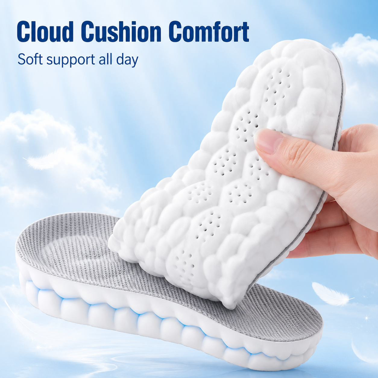 Unisex cloud-shaped insoles, anti-fatigue, shock absorption, and relief of foot pain.