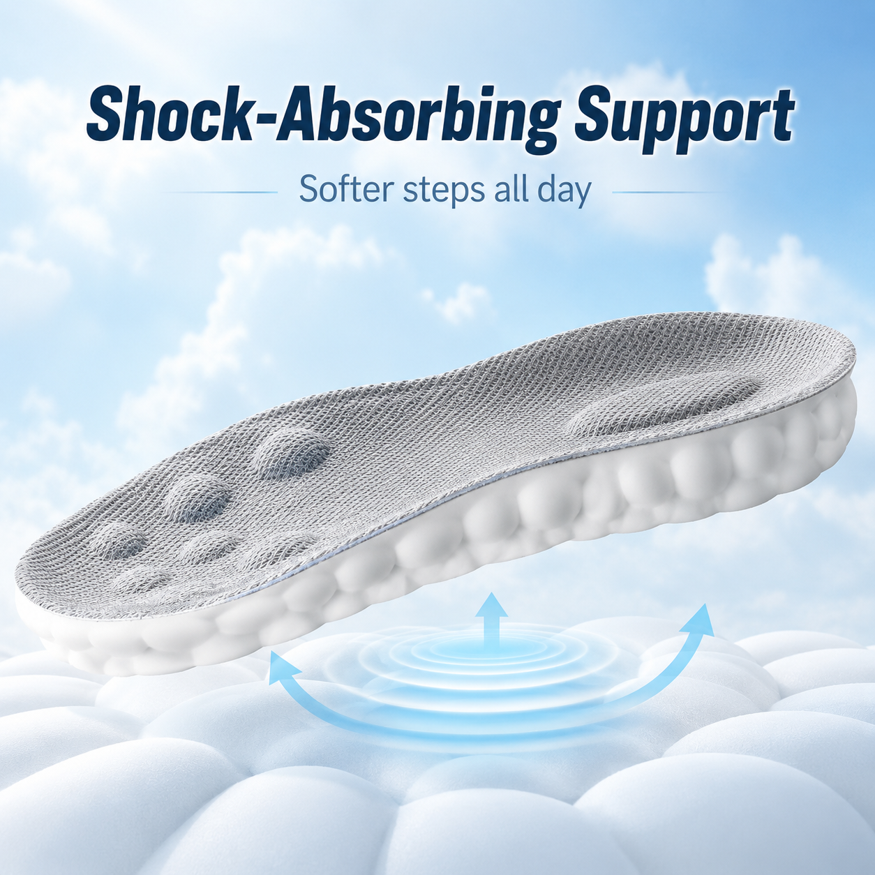 Unisex cloud-shaped insoles, anti-fatigue, shock absorption, and relief of foot pain.