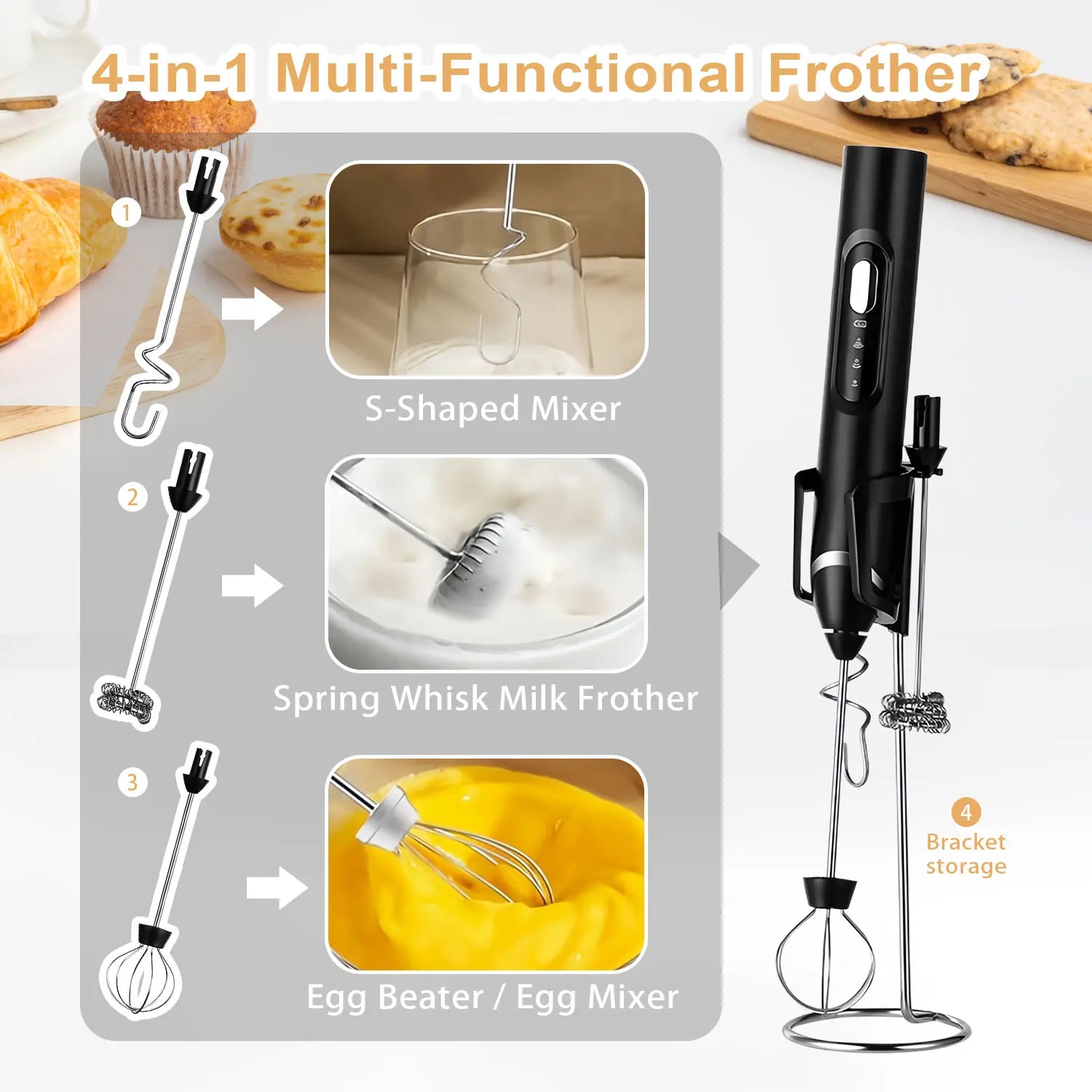 ⚡ Super Powerful Torque — Rechargeable Milk Frother Wand ☕3-Speed Handheld Foam Maker for Coffee, Matcha & Protein Shakes
