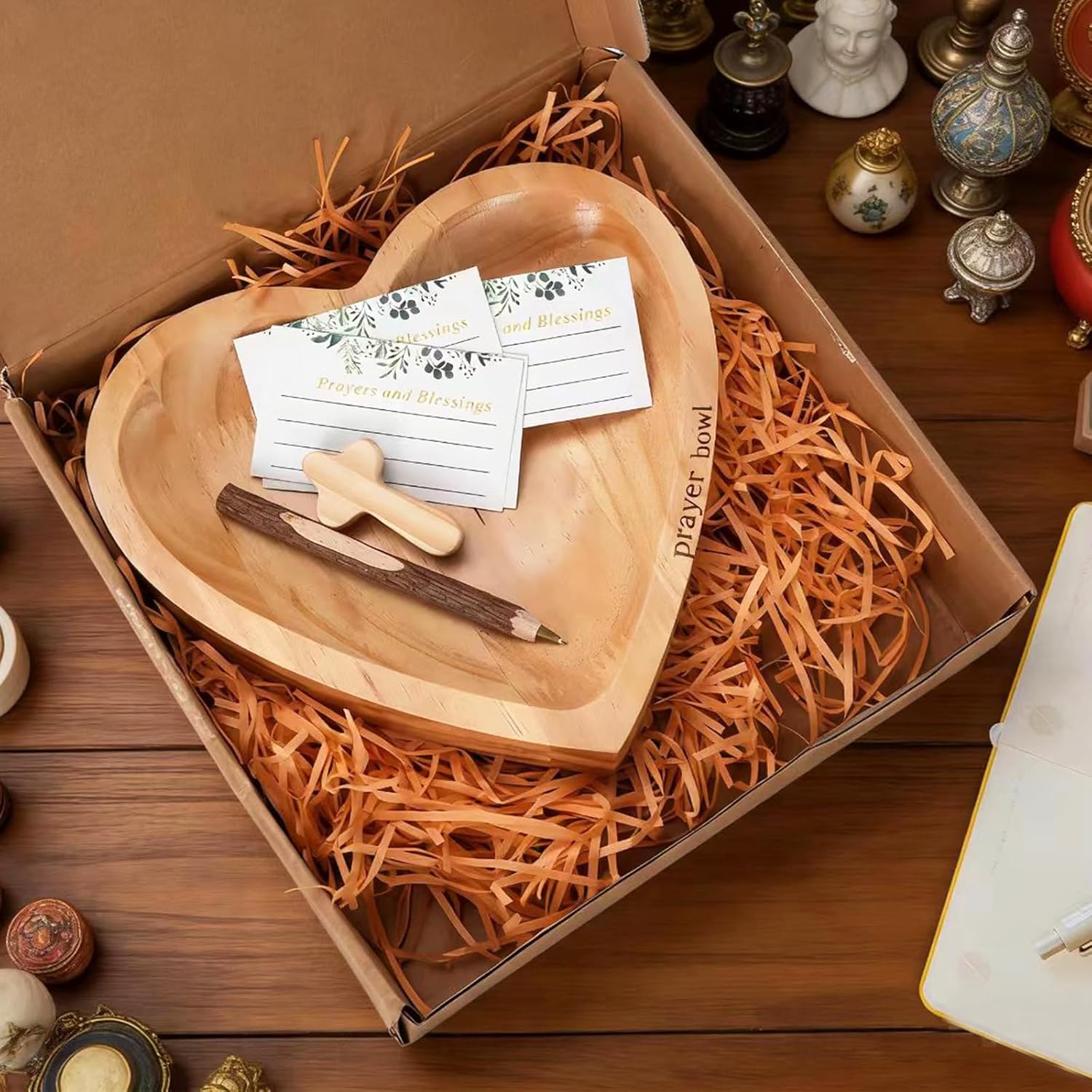✝️Inspirational❤ Wooden Heart Shaped Prayer Bowl Set – Handcrafted Religious Gift