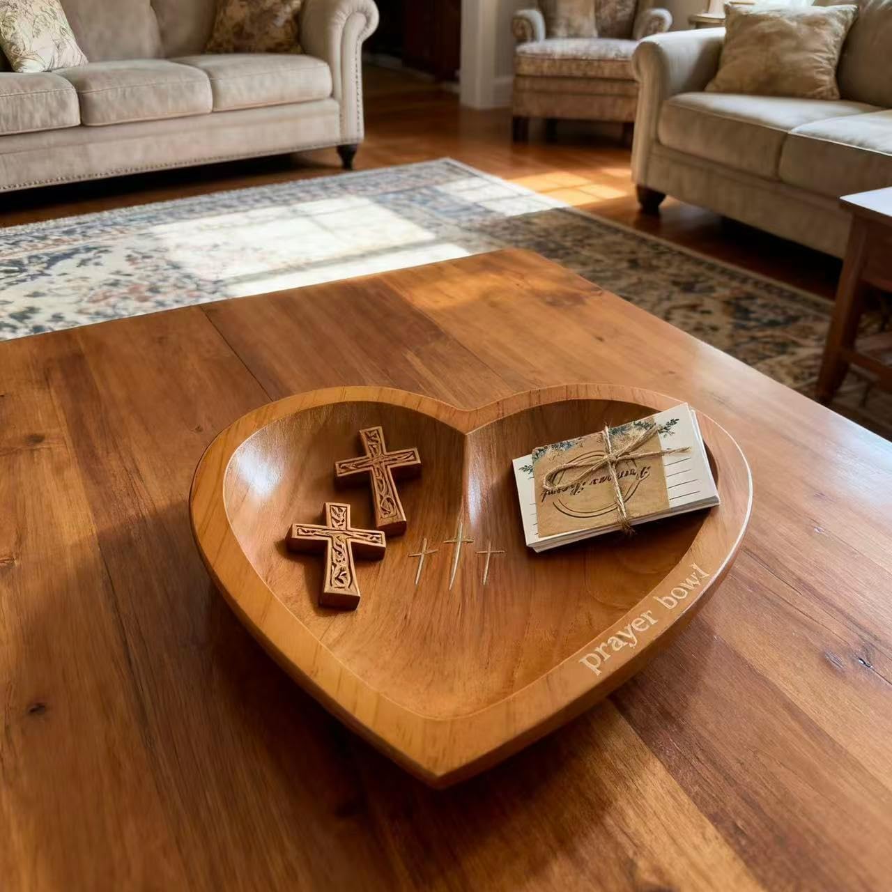 ✝️Inspirational❤ Wooden Heart Shaped Prayer Bowl Set – Handcrafted Religious Gift