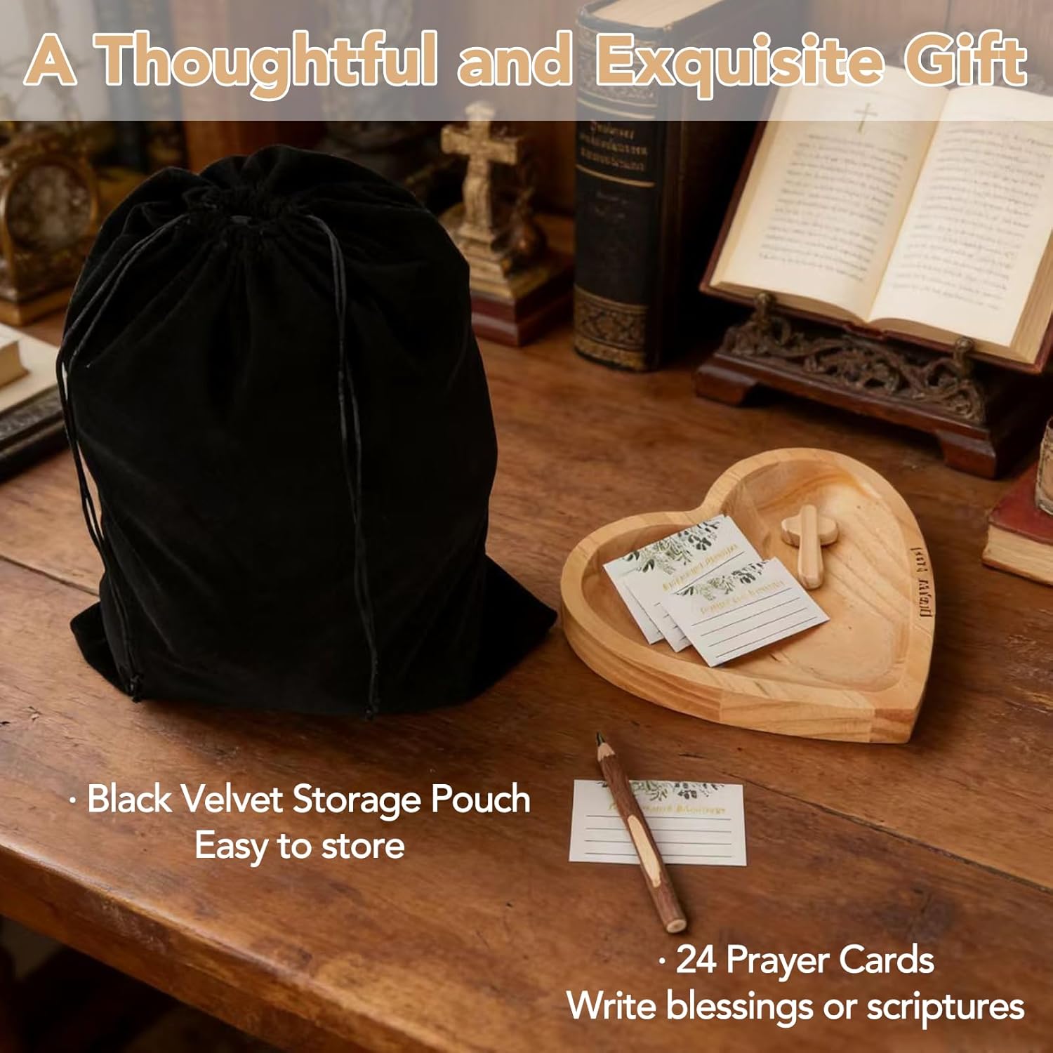 ✝️Inspirational❤ Wooden Heart Shaped Prayer Bowl Set – Handcrafted Religious Gift